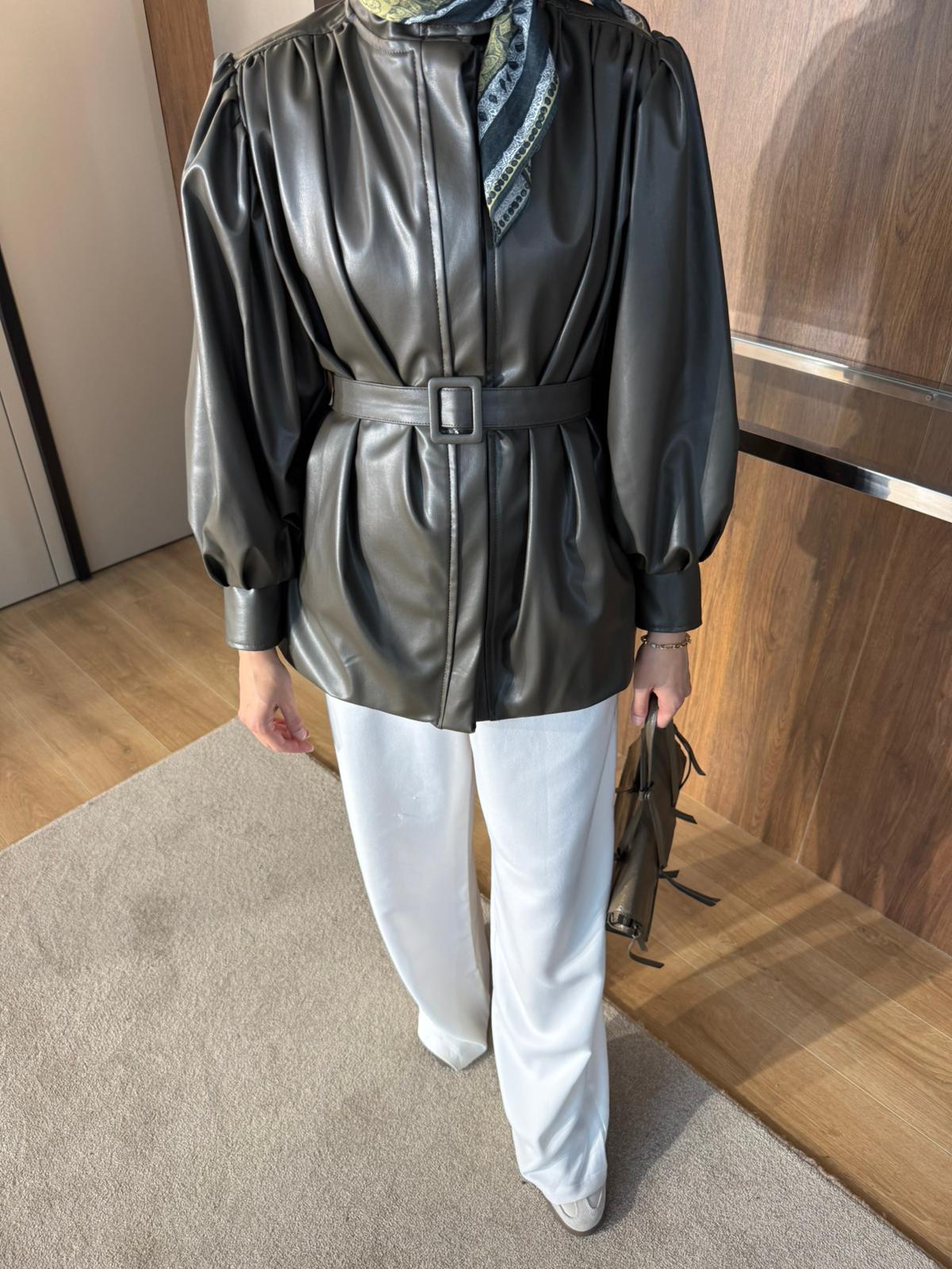 DERİ KEMERLİ CEKET  - Yeşil