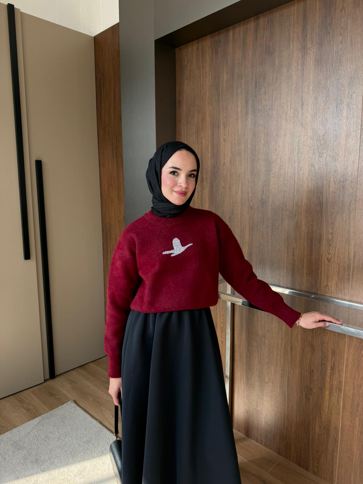 KUŞLU TRİKO KAZAK  - Kırmızı