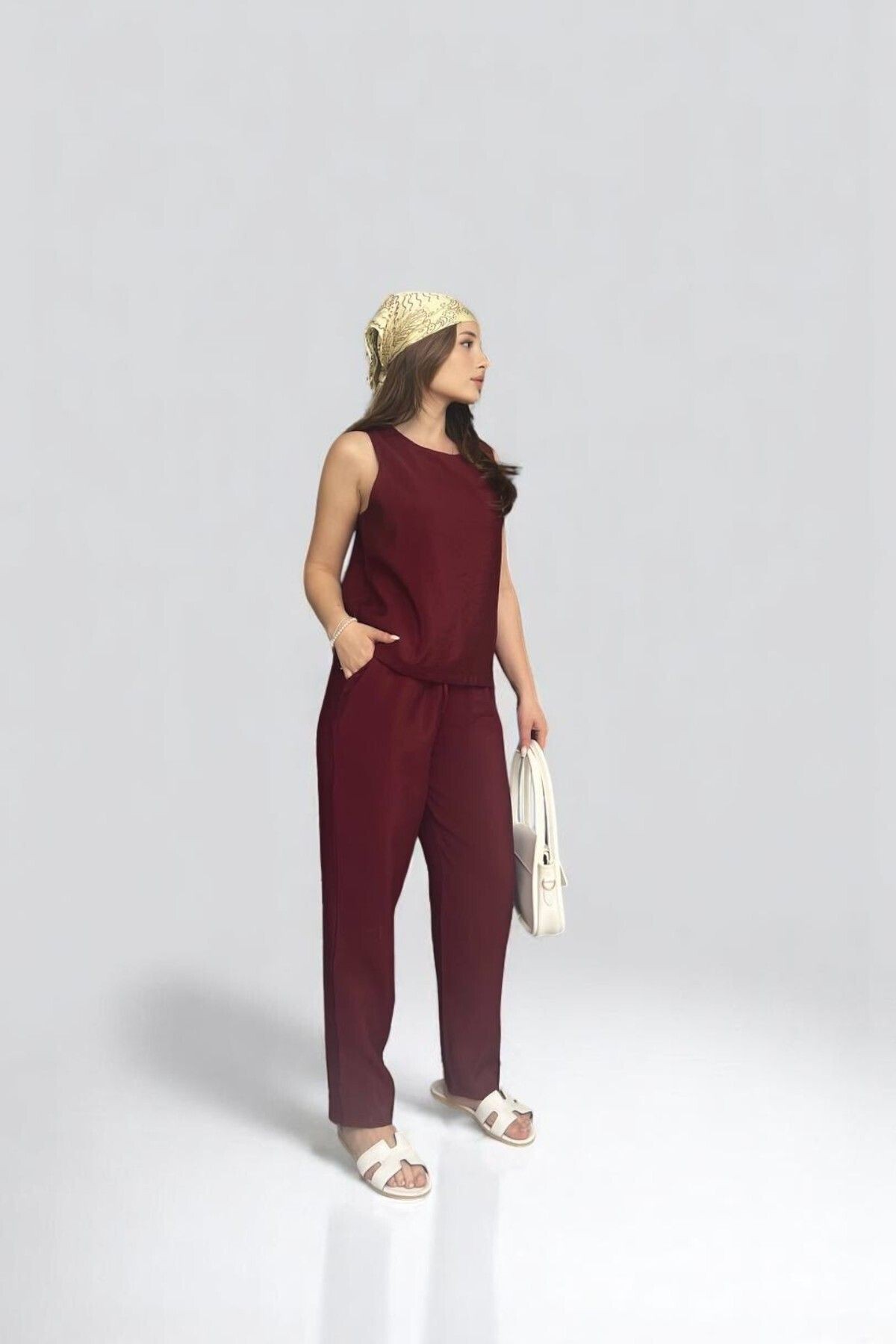 Kadın Bordo Dokuma Modal Kumaş Bluz ve Pantolon İkili Alt Üst Takım - Bordo