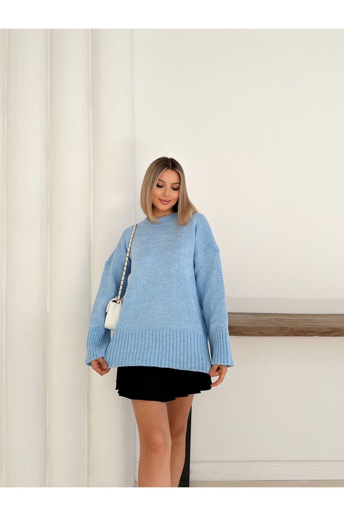 Kadın Oversize Bisiklet Yaka Kazak - Mavi