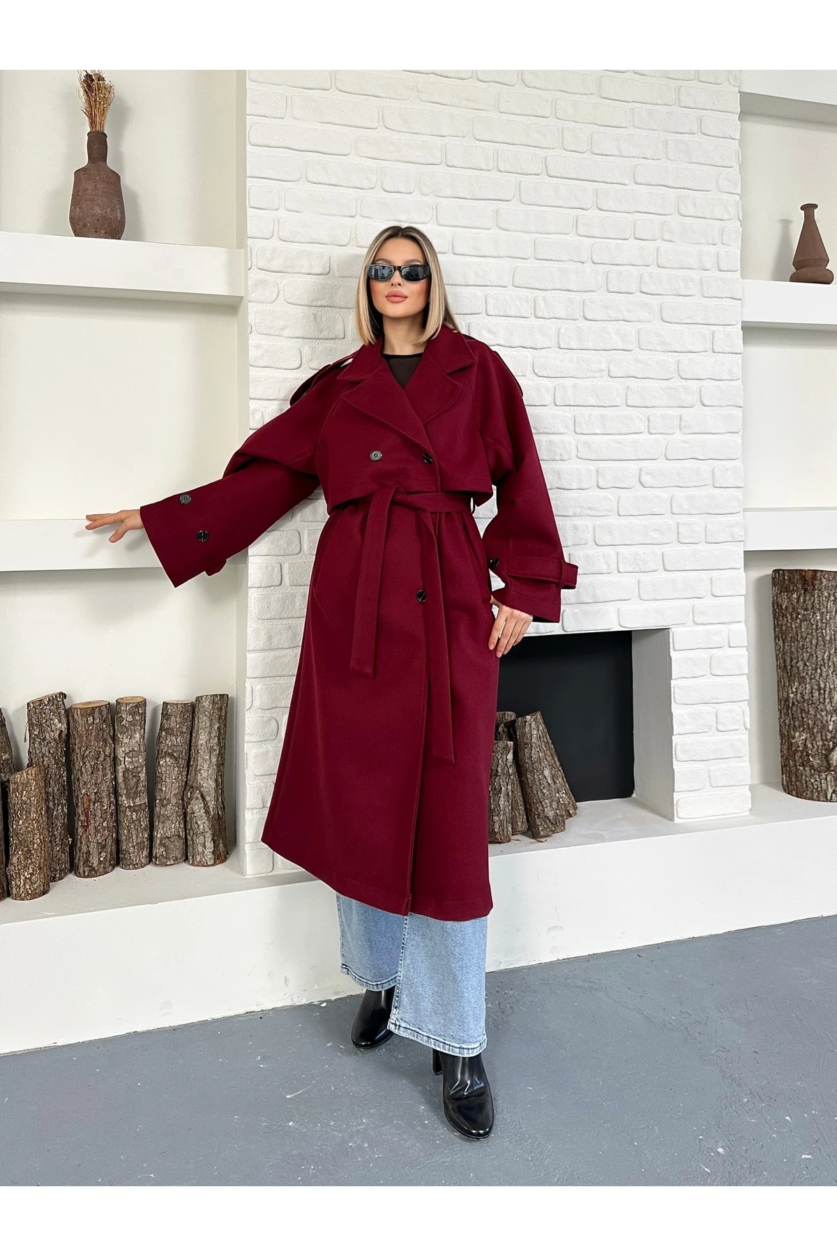 Kadın Kol ve Omuz Apoletli Premium Uzun Kaşe Kaban