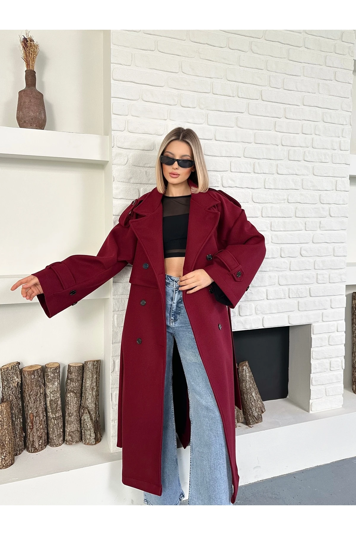 Kadın Kol ve Omuz Apoletli Premium Uzun Kaşe Kaban