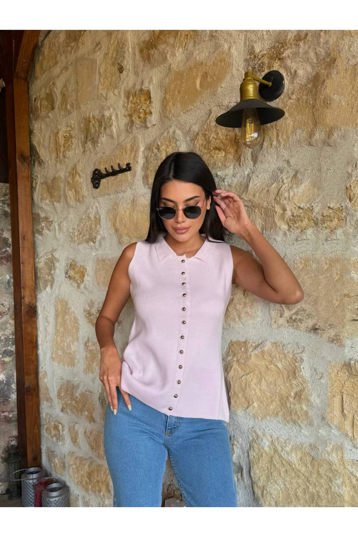 Kadın Polo Yaka Düğmeli Triko Hırka