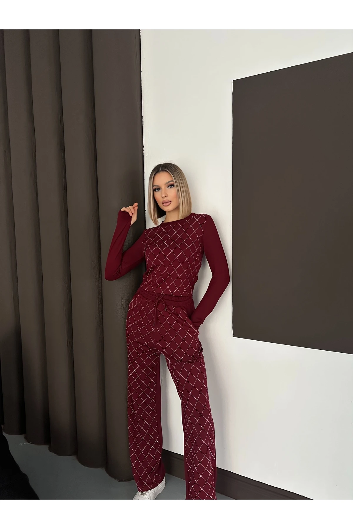 Kadın Taş Baskılı Baklava Desenli Modal Takım