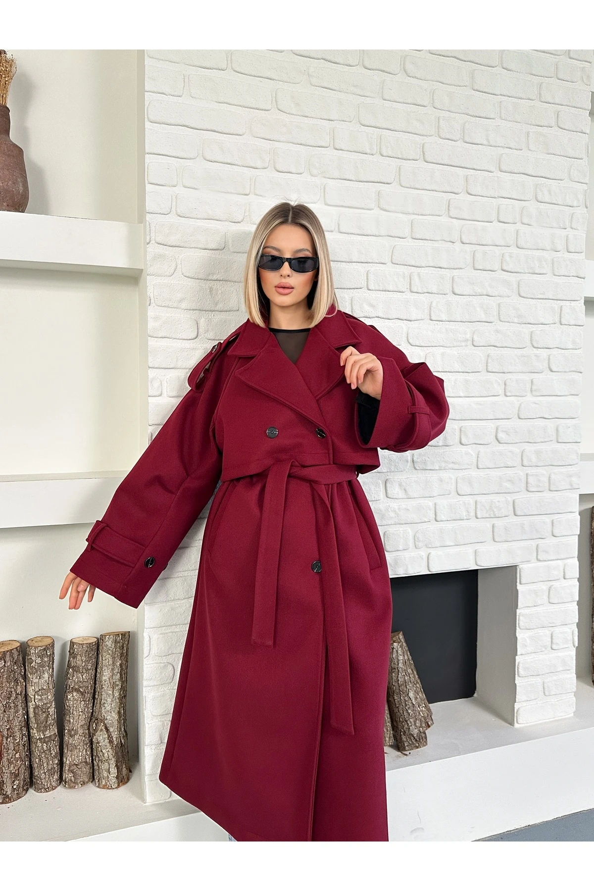 Kadın Kol ve Omuz Apoletli Premium Uzun Kaşe Kaban