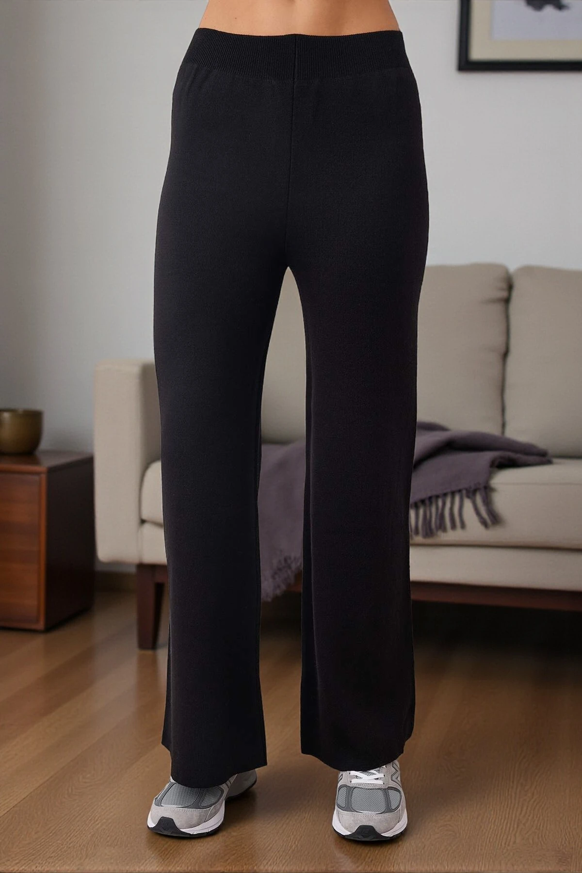 Kadın Siyah Kayık Yaka Kazak-Pantolon Triko Takım