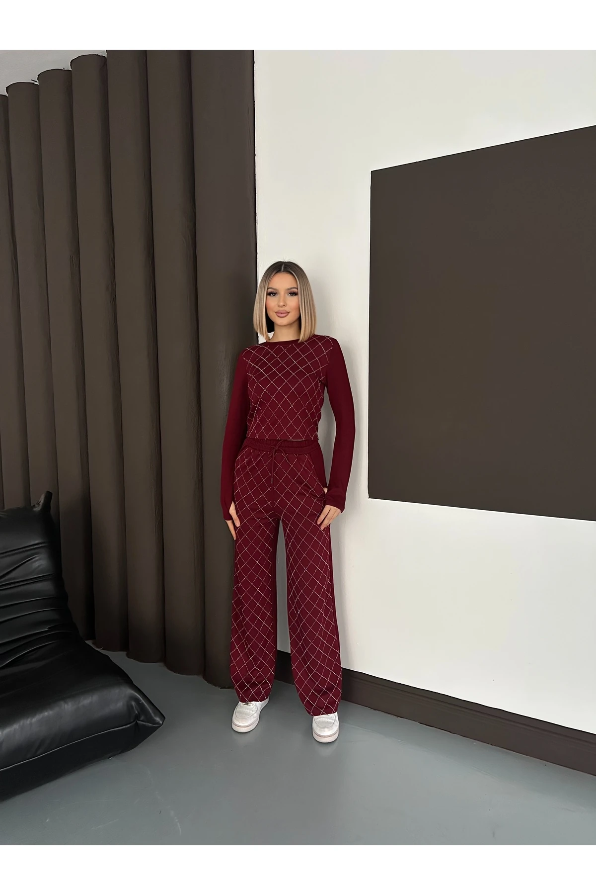 Kadın Taş Baskılı Baklava Desenli Modal Takım