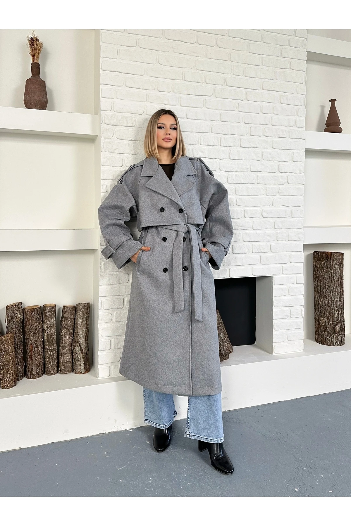 Kadın Kol ve Omuz Apoletli Premium Uzun Kaşe Kaban - Gri