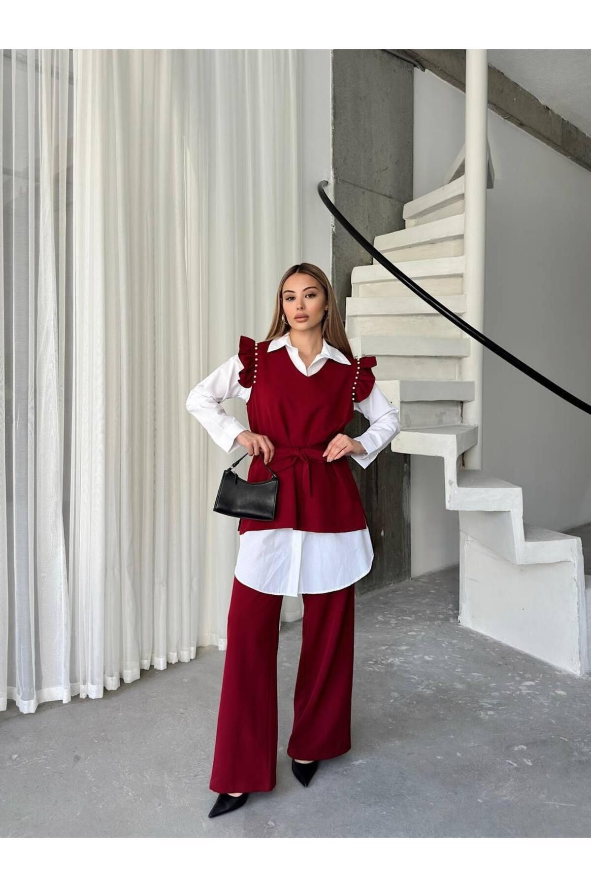 Kadın Bordo Omuz Fırfır İnci Detaylı Kuşaklı Süveter Gömlek Pantolon Üçlü Takım