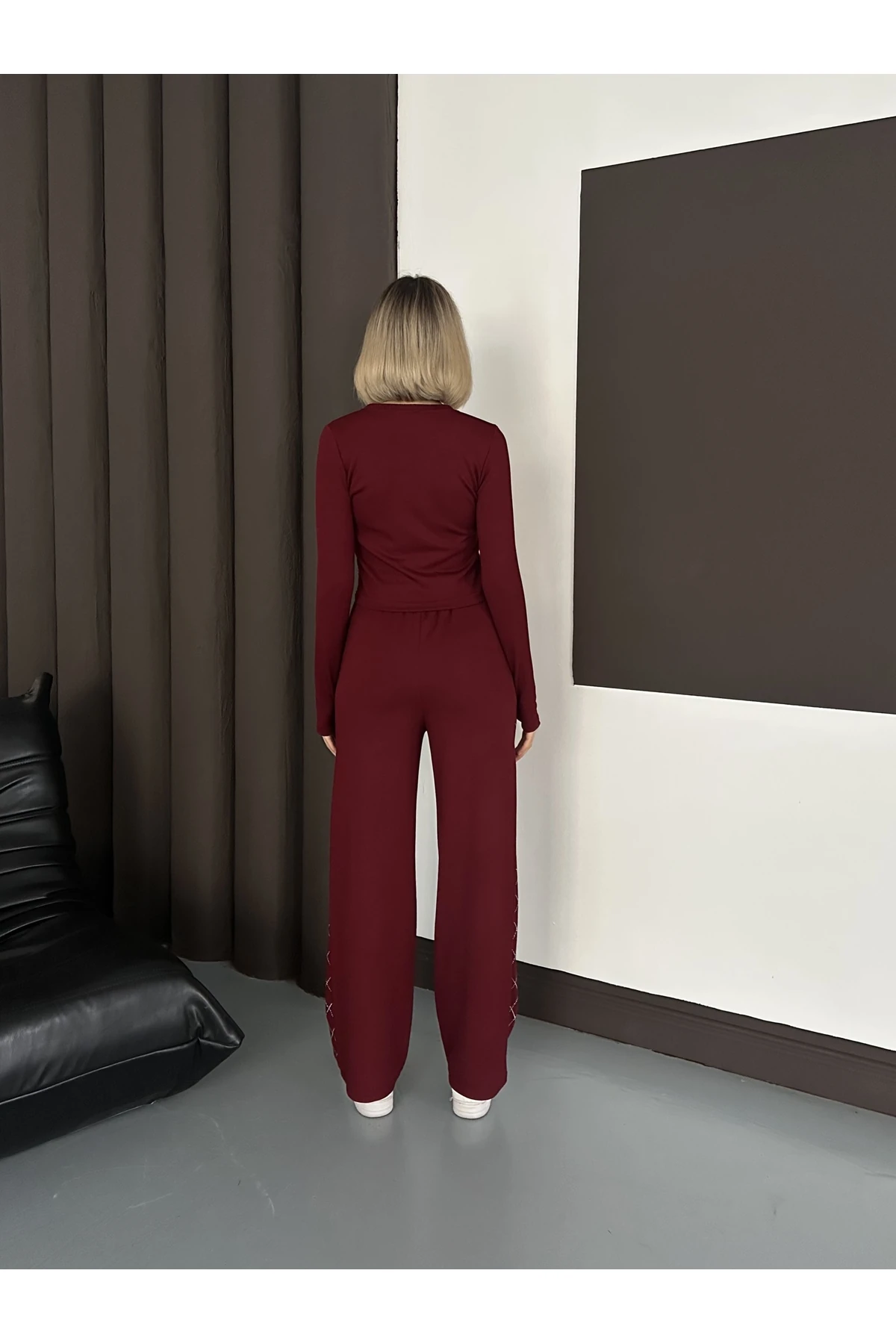 Kadın Taş Baskılı Baklava Desenli Modal Takım