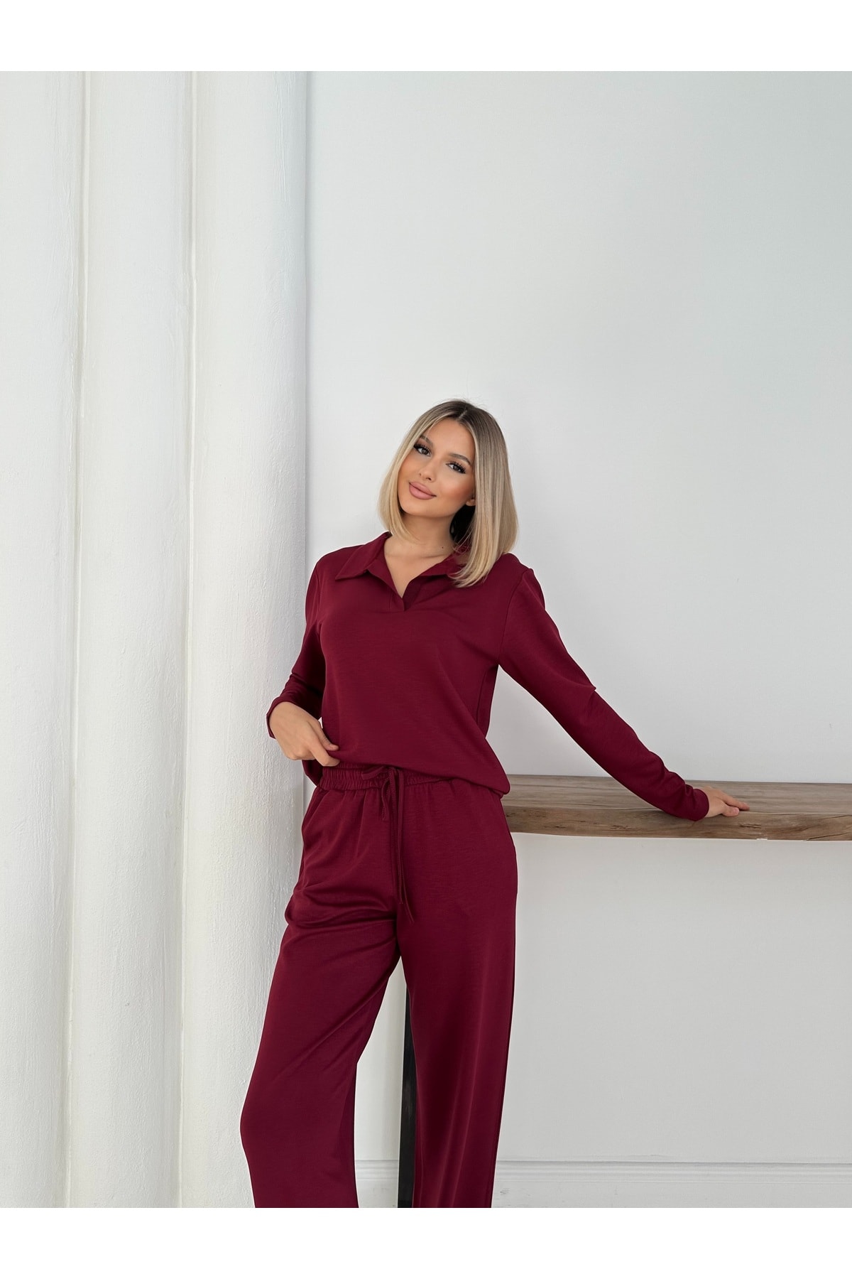 Kadın Polo Yaka Basic Alt Üst Takım - Bordo