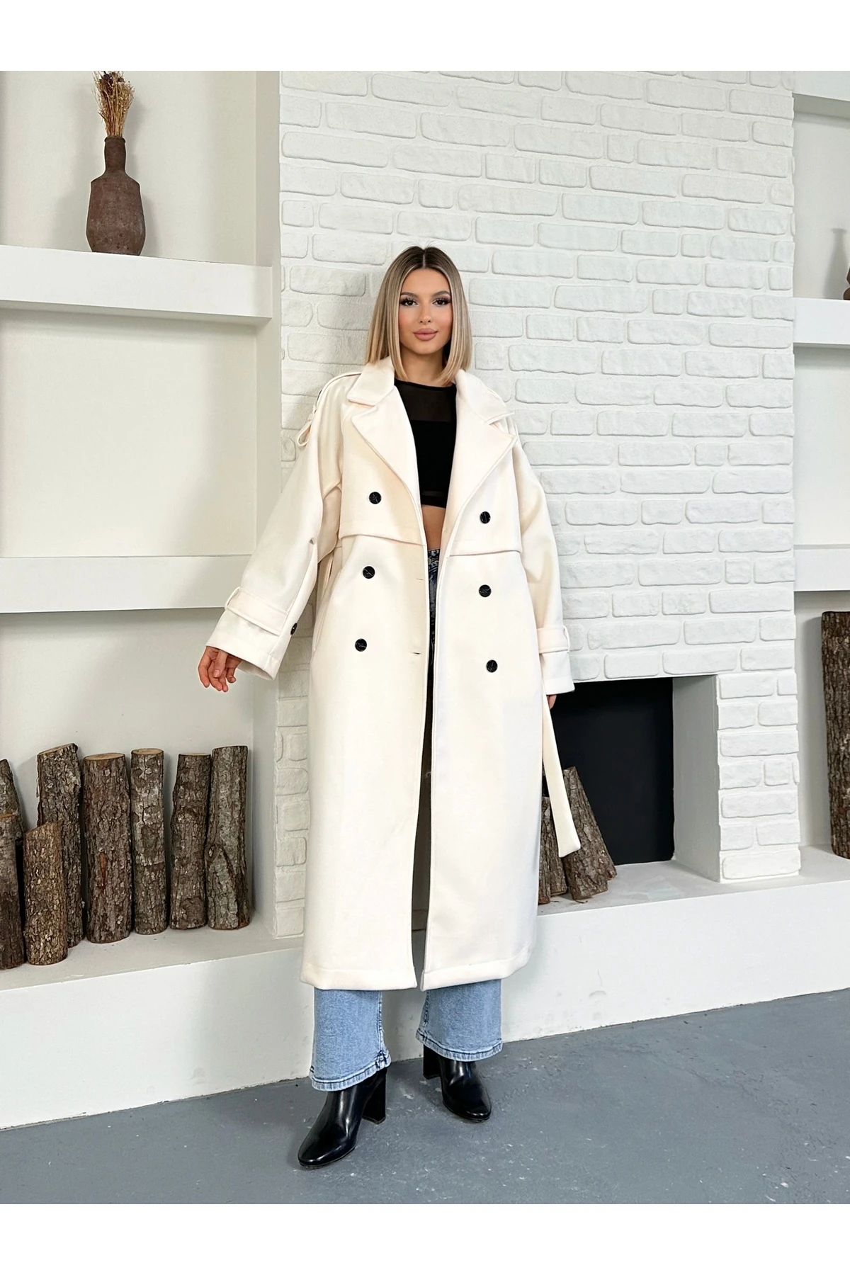 Kadın Kol ve Omuz Apoletli Premium Uzun Kaşe Kaban