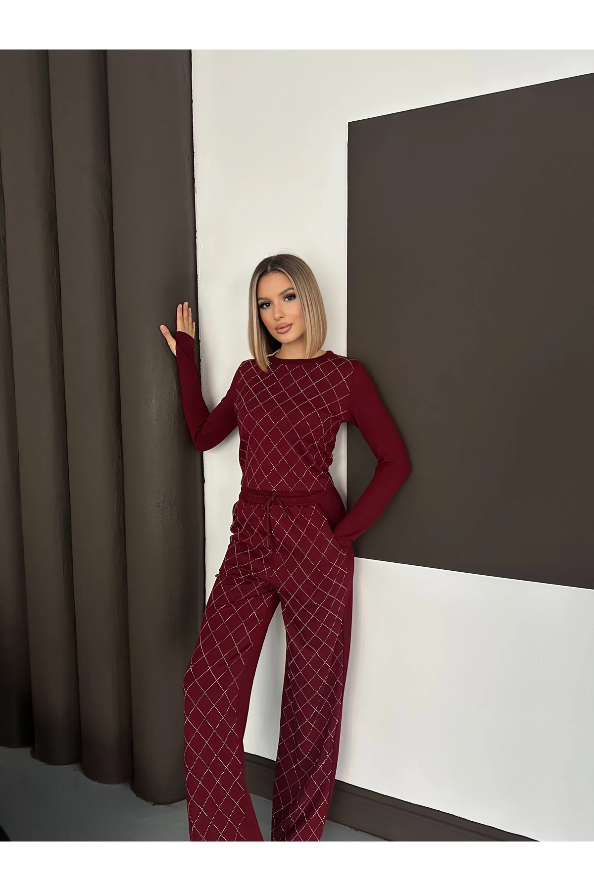 Kadın Taş Baskılı Baklava Desenli Modal Takım