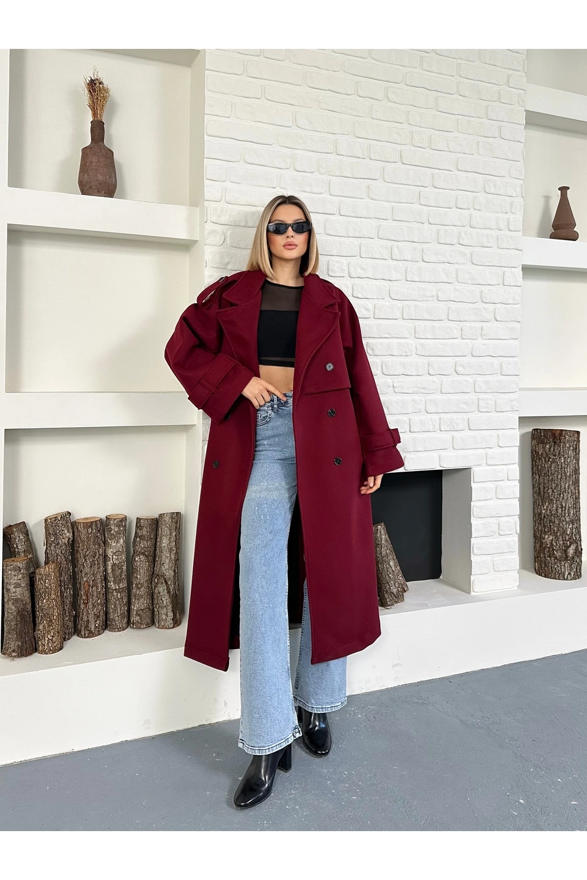 Kadın Kol ve Omuz Apoletli Premium Uzun Kaşe Kaban