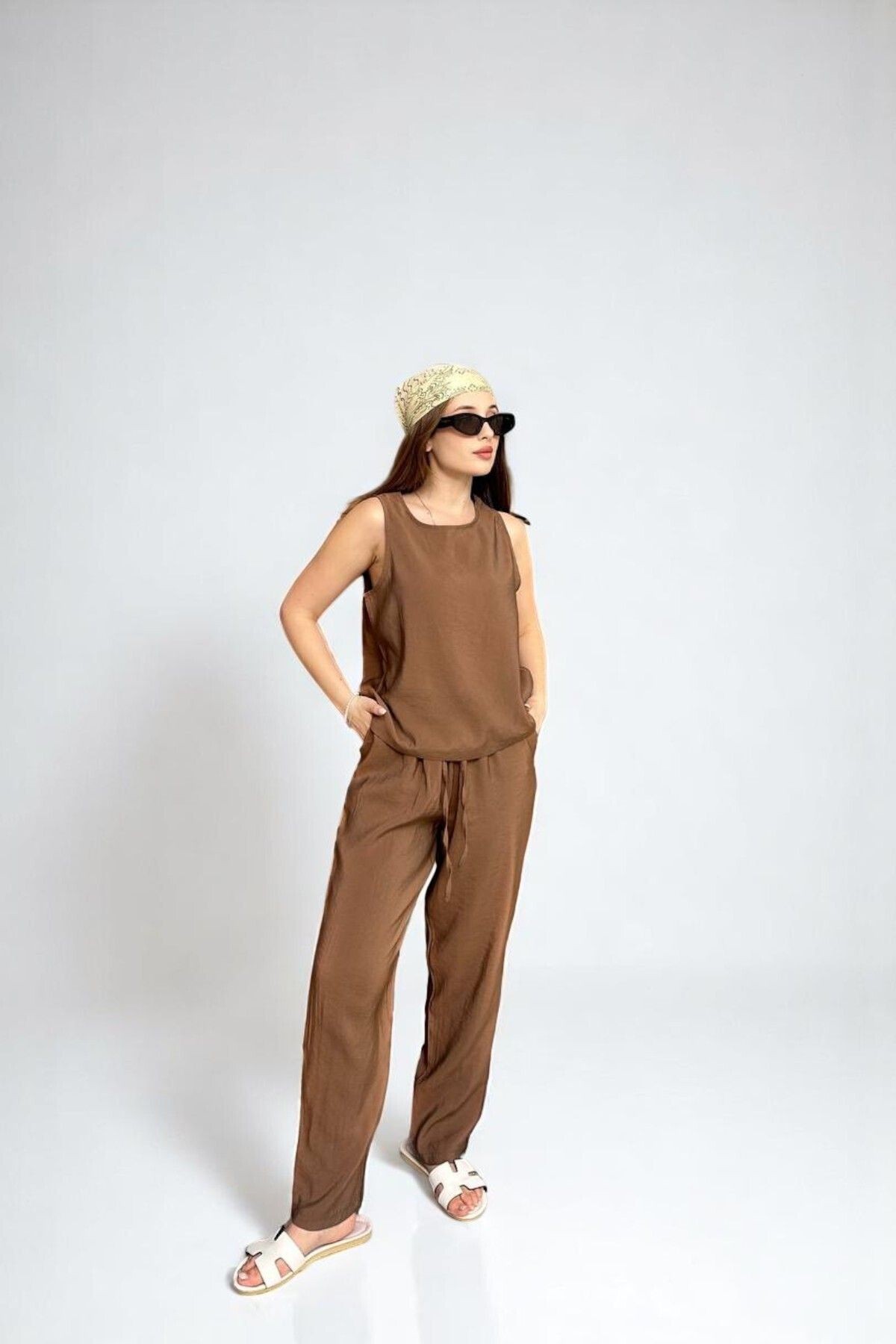 Kadın Bordo Dokuma Modal Kumaş Bluz ve Pantolon İkili Alt Üst Takım - camel