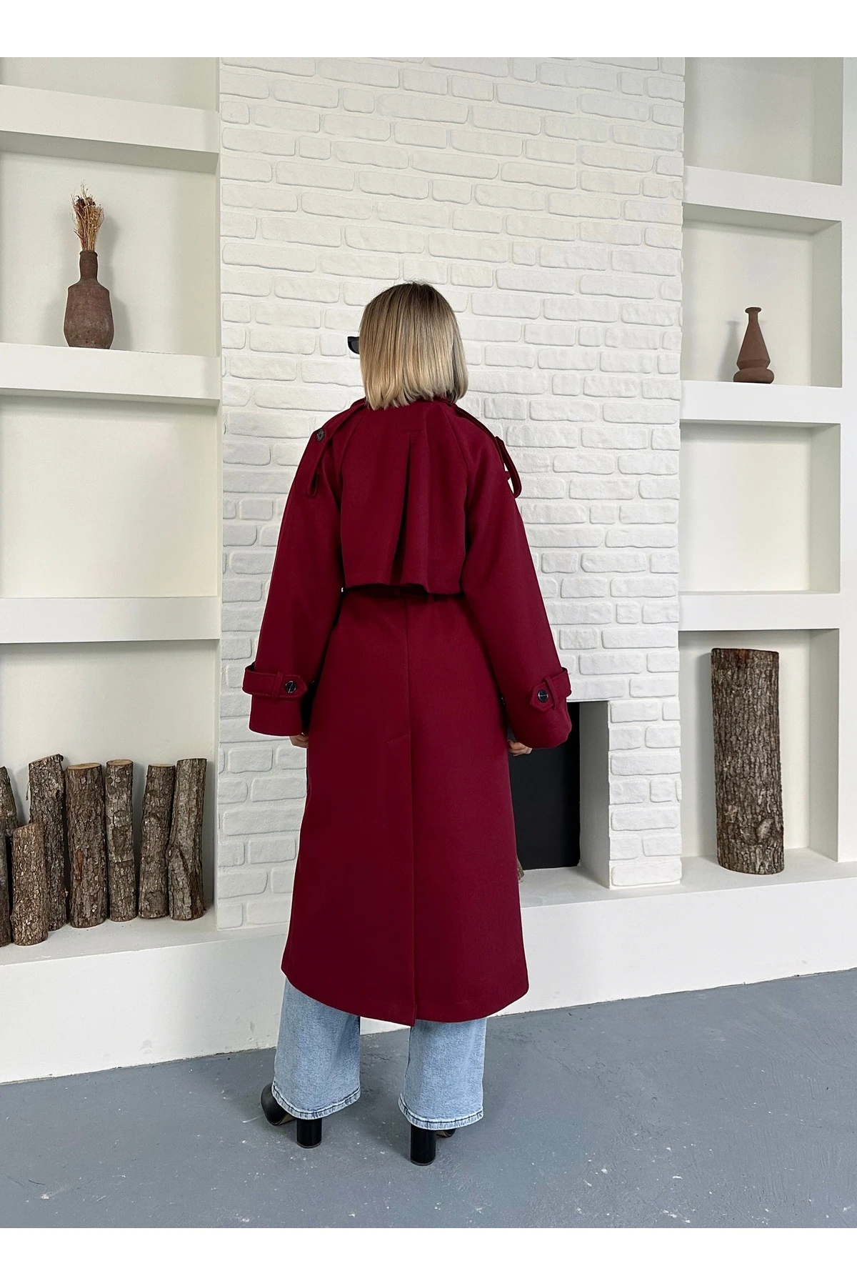 Kadın Kol ve Omuz Apoletli Premium Uzun Kaşe Kaban