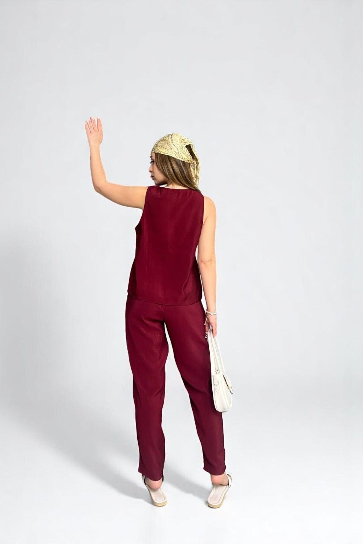 Kadın Bordo Dokuma Modal Kumaş Bluz ve Pantolon İkili Alt Üst Takım