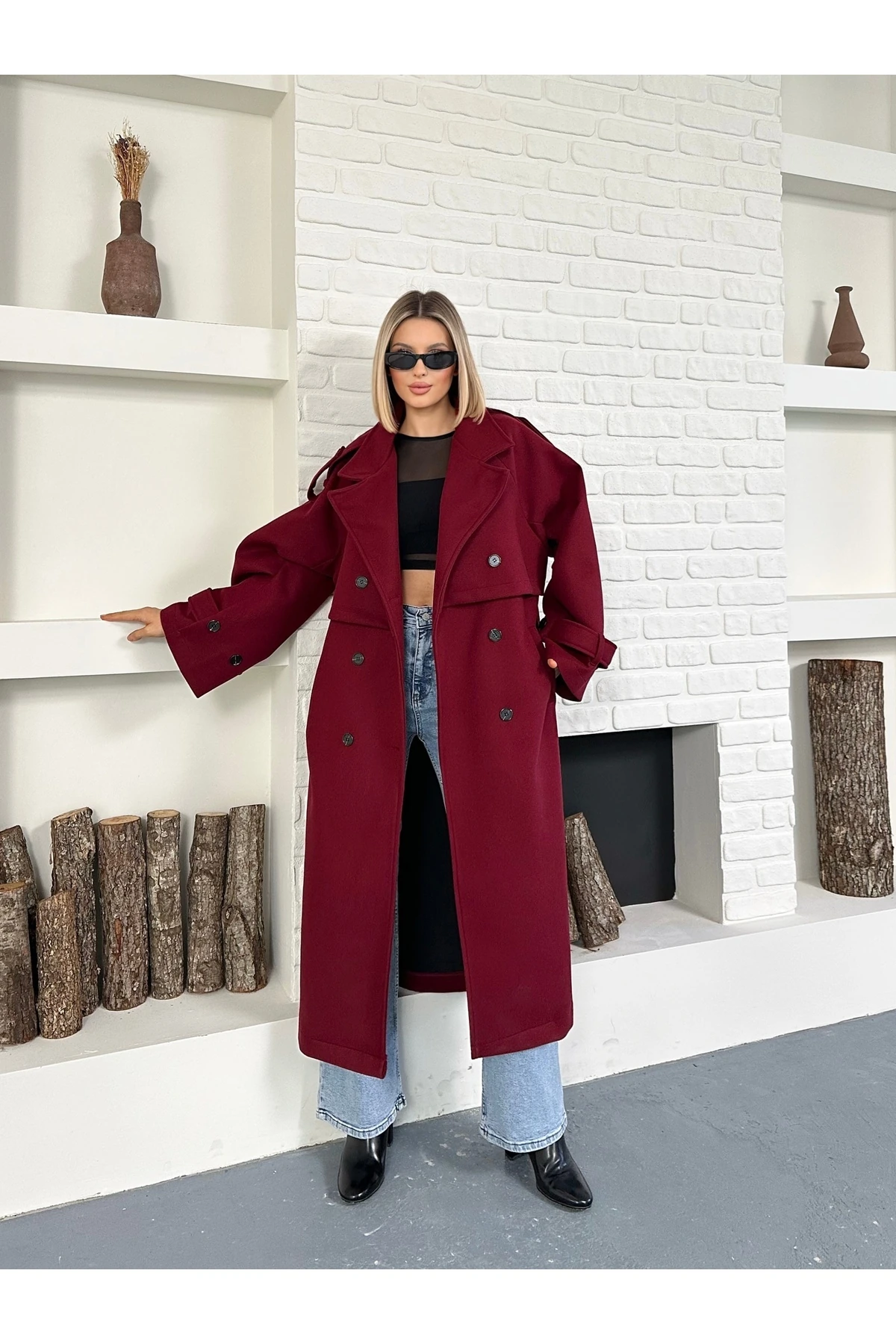 Kadın Kol ve Omuz Apoletli Premium Uzun Kaşe Kaban