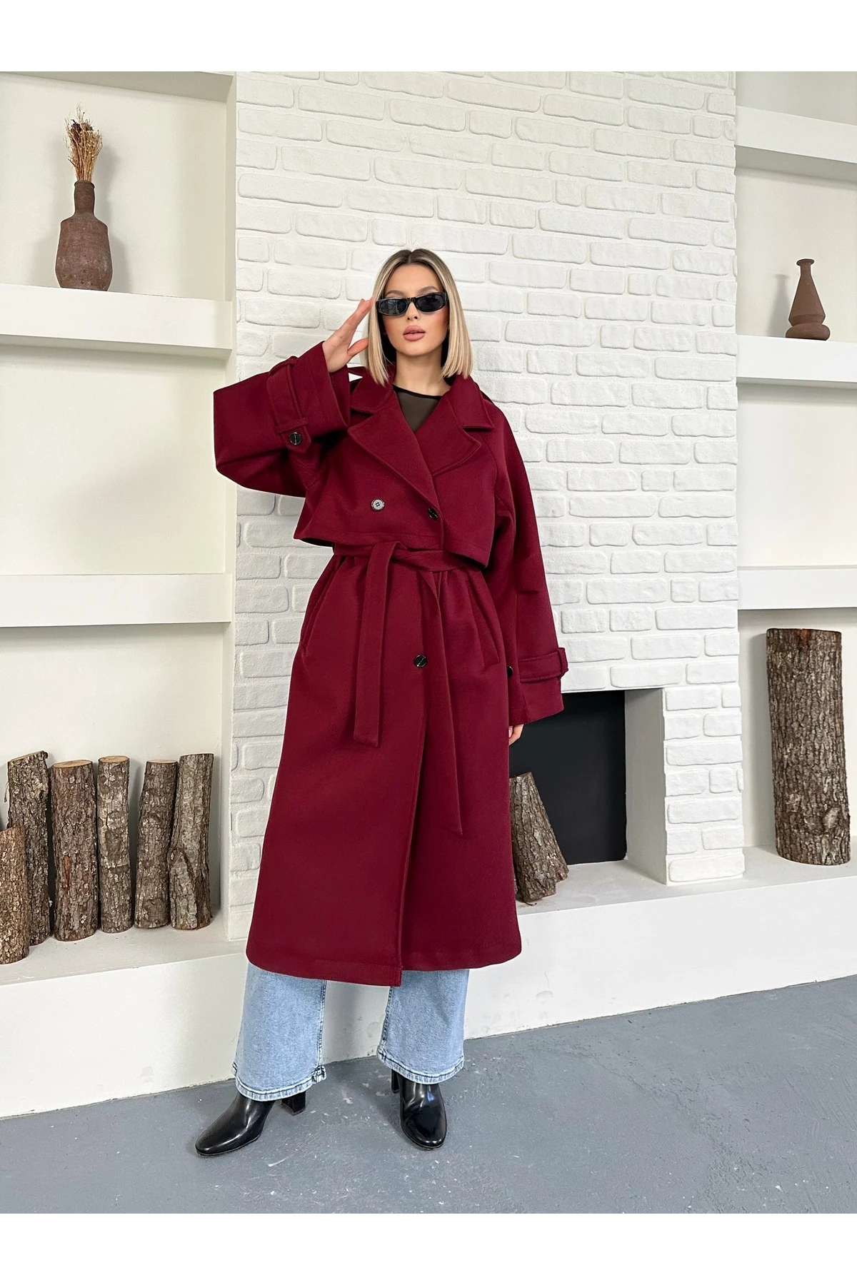 Kadın Kol ve Omuz Apoletli Premium Uzun Kaşe Kaban - Bordo