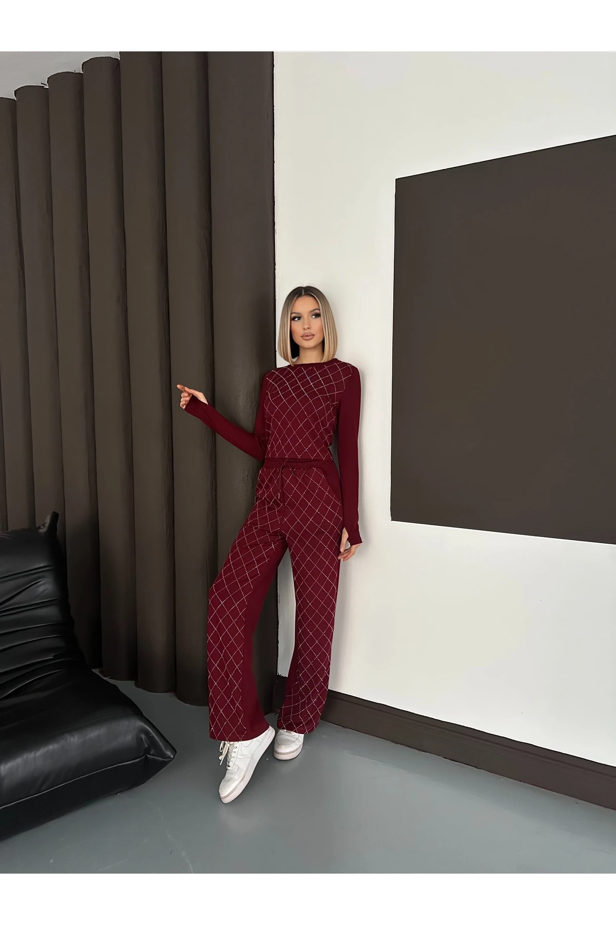 Kadın Taş Baskılı Baklava Desenli Modal Takım