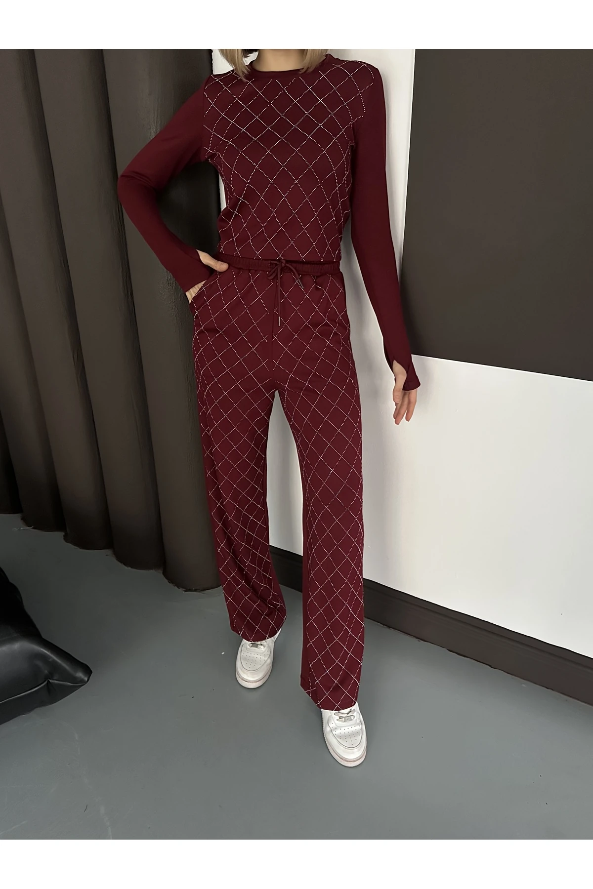 Kadın Taş Baskılı Baklava Desenli Modal Takım