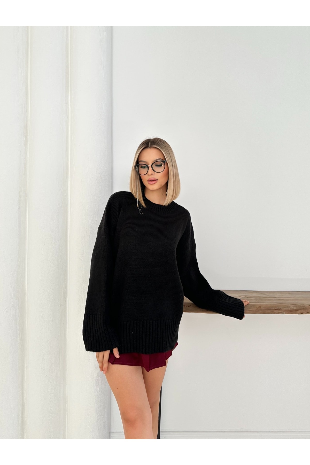 Kadın Oversize Bisiklet Yaka Kazak - Siyah