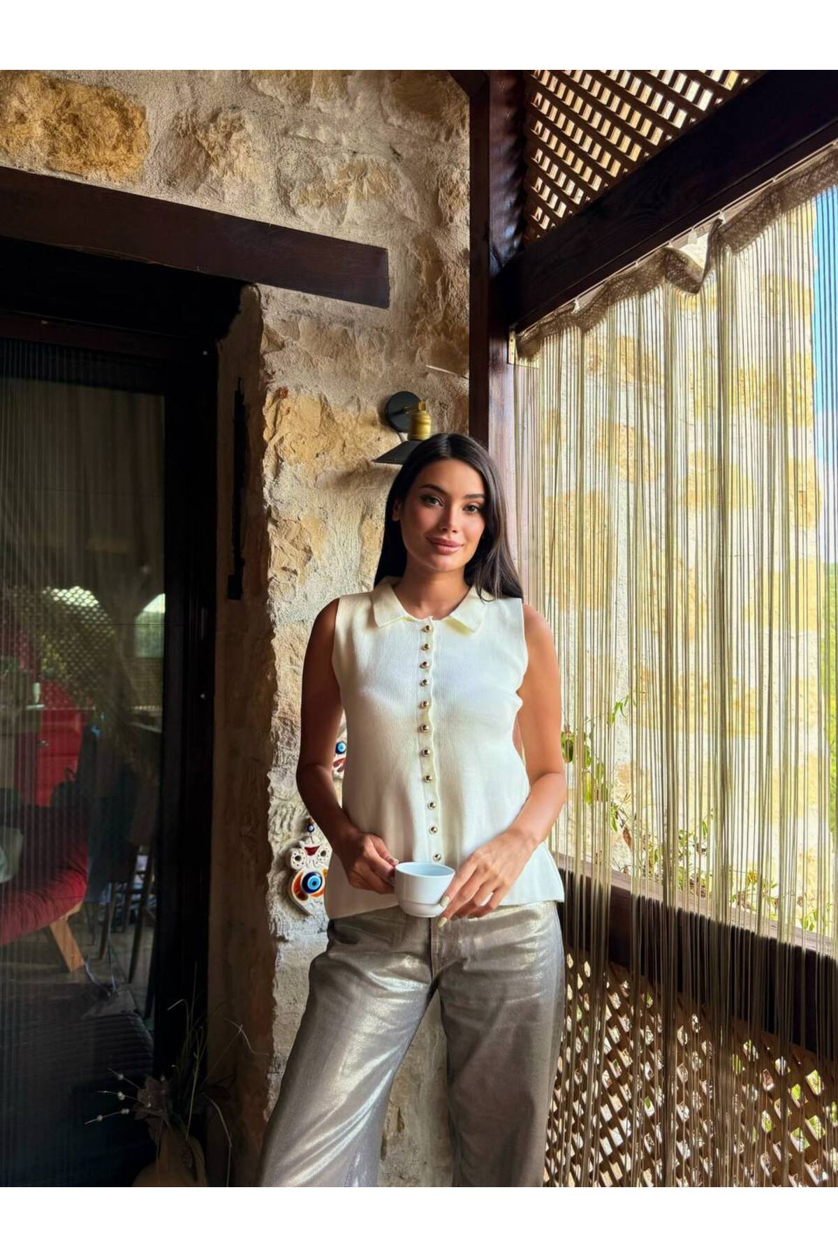 Kadın Polo Yaka Düğmeli Triko Hırka