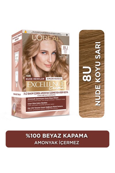 L’Oréal Paris Excellence Creme Nude Renkler Saç Boyası – 8U Nude Koyu Sarı