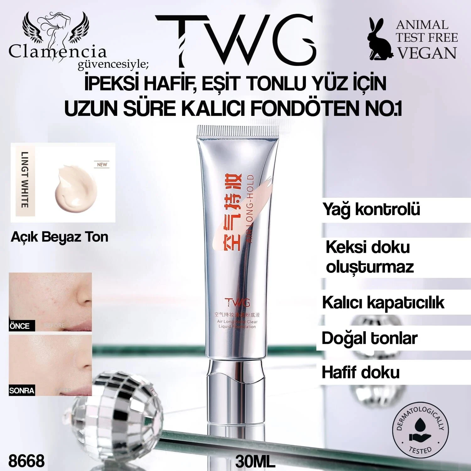 TWG Uzun Ömürlü Kalıcı Fondöten- Naturel Beyaz 30ml 