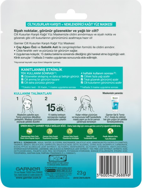 Garnier Saf&Temiz Cilt Kusurları Karşıtı Kağıt Yüz Maskesi
