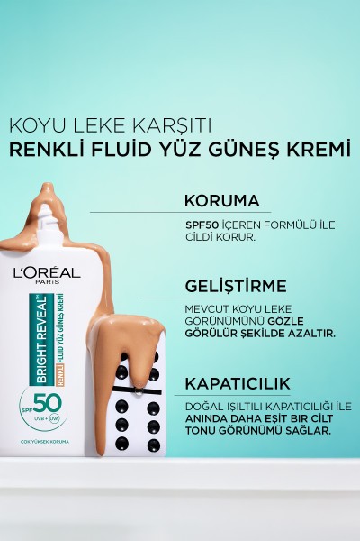 L'Oréal Paris Bright Reveal Spf 50+ Koyu Leke Karşıtı Renkli Fluid Günlük Yüz Güneş Kremi 50ml - Medium