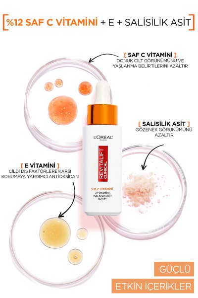 L'Oréal Paris Revitalift Clinical %12 Saf C Vitamini Aydınlatıcı, Ton Eşitleyici, Gözenek Karşıtı Serum 30 ml