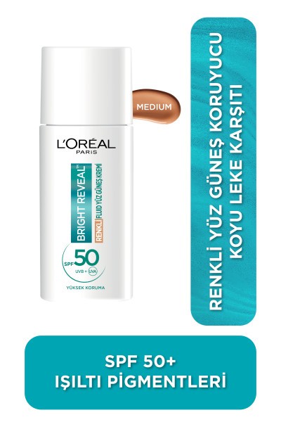 L'Oréal Paris Bright Reveal Spf 50+ Koyu Leke Karşıtı Renkli Fluid Günlük Yüz Güneş Kremi 50ml - Medium