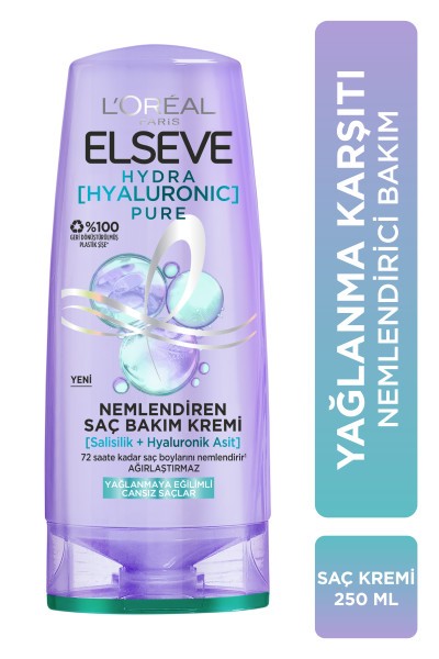L'Oréal Paris Elseve Hydra [Hyaluronic] Pure Salisilik Asit içeren Yağlanma Karşıtı Nemlendirici Saç Kremi 250ml