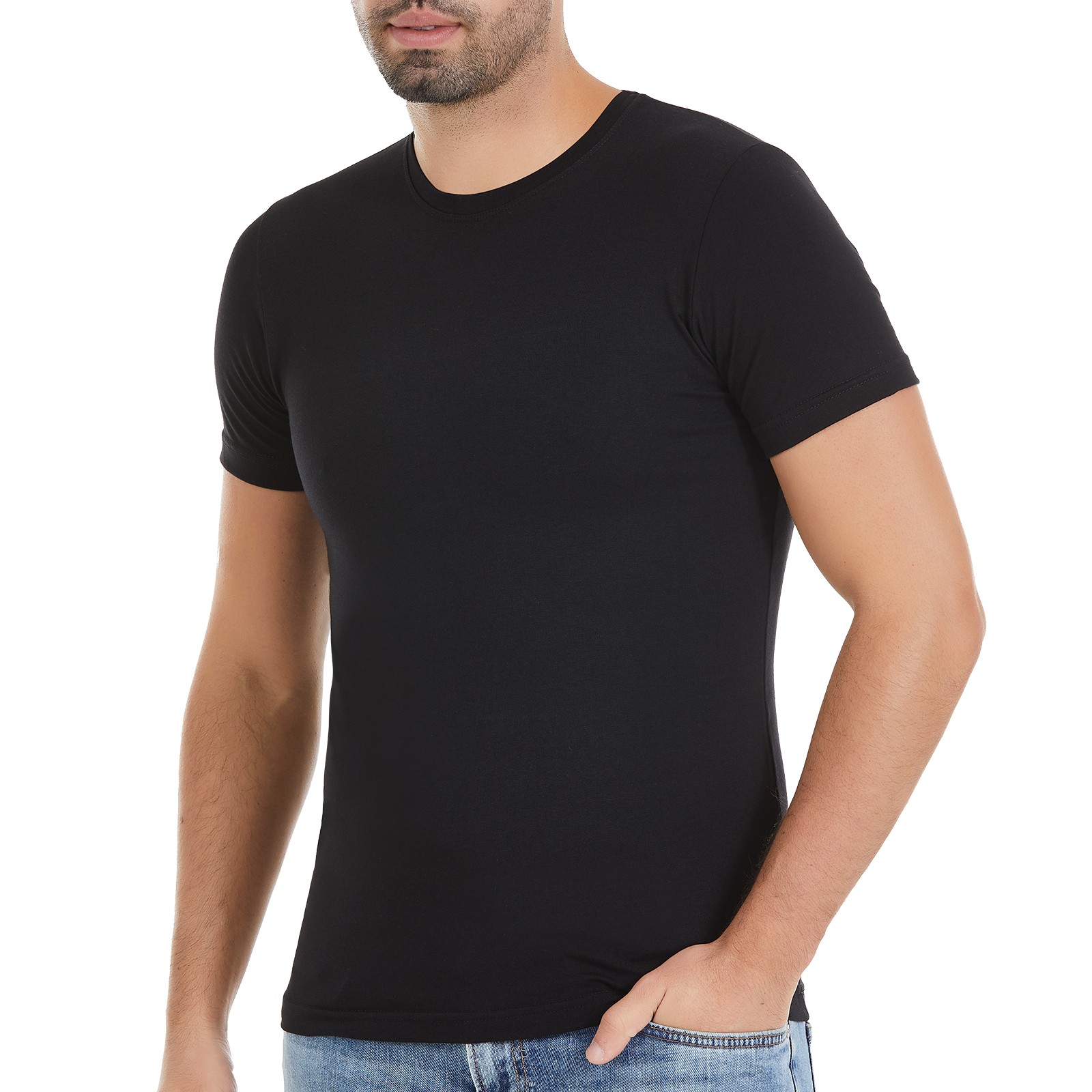 Erkek Siyah O-Yaka Kısa Kollu Likralı T-Shirt
