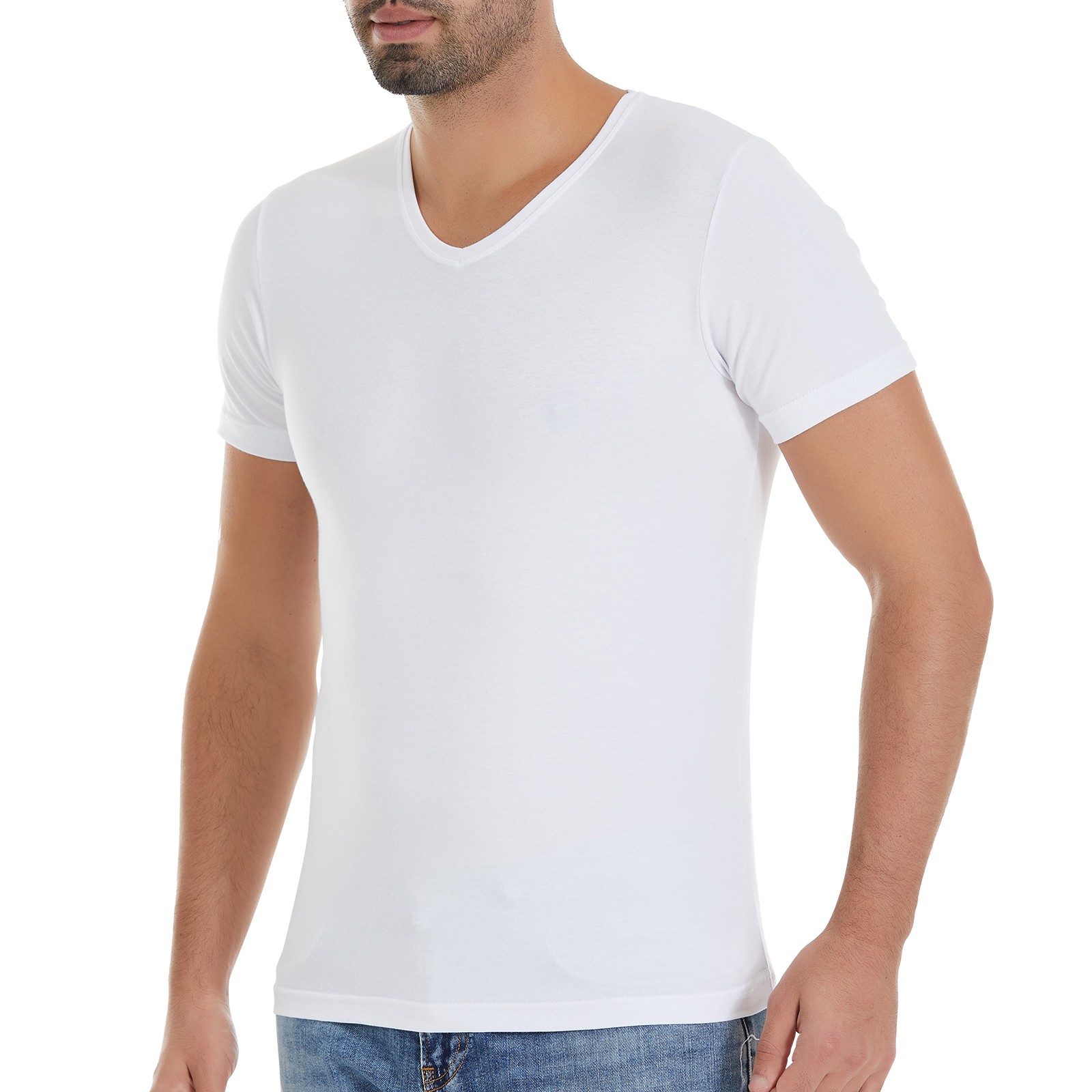 Erkek Beyaz V-Yaka Kısa Kollu Modal T-Shirt