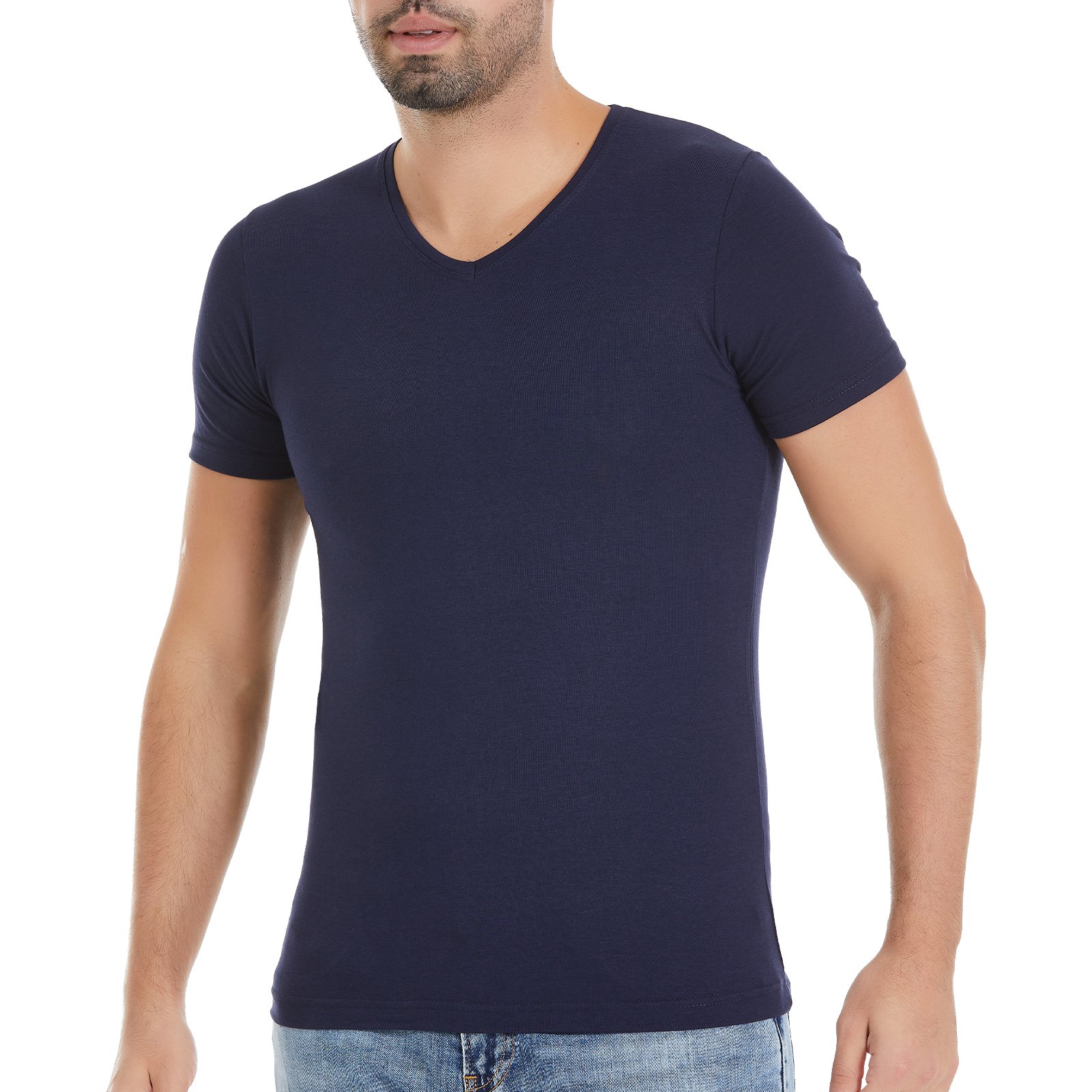 Erkek Lacivert V-Yaka Kısa Kollu Modal T-Shirt