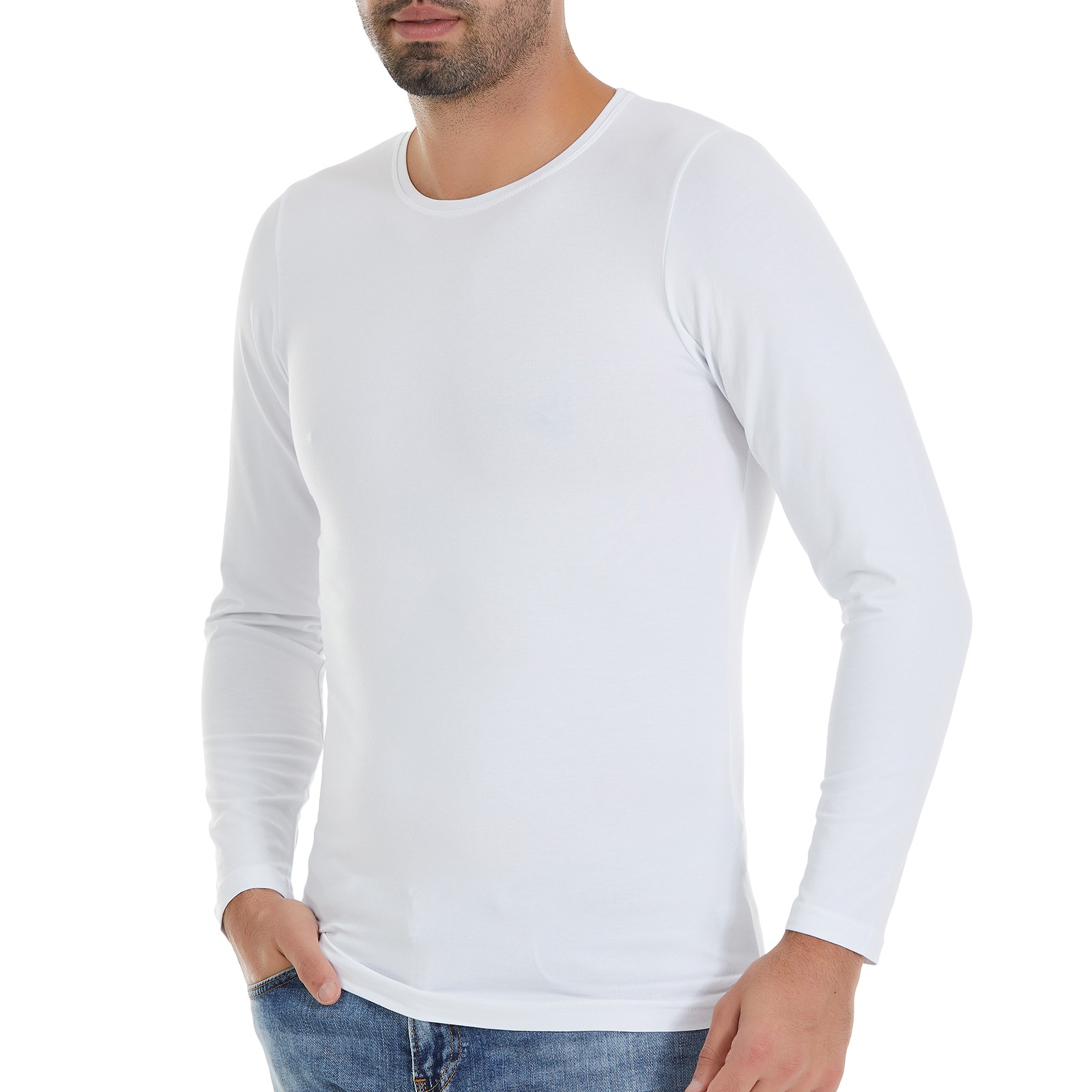 Erkek Beyaz O-Yaka Uzun Kollu Modal T-Shirt