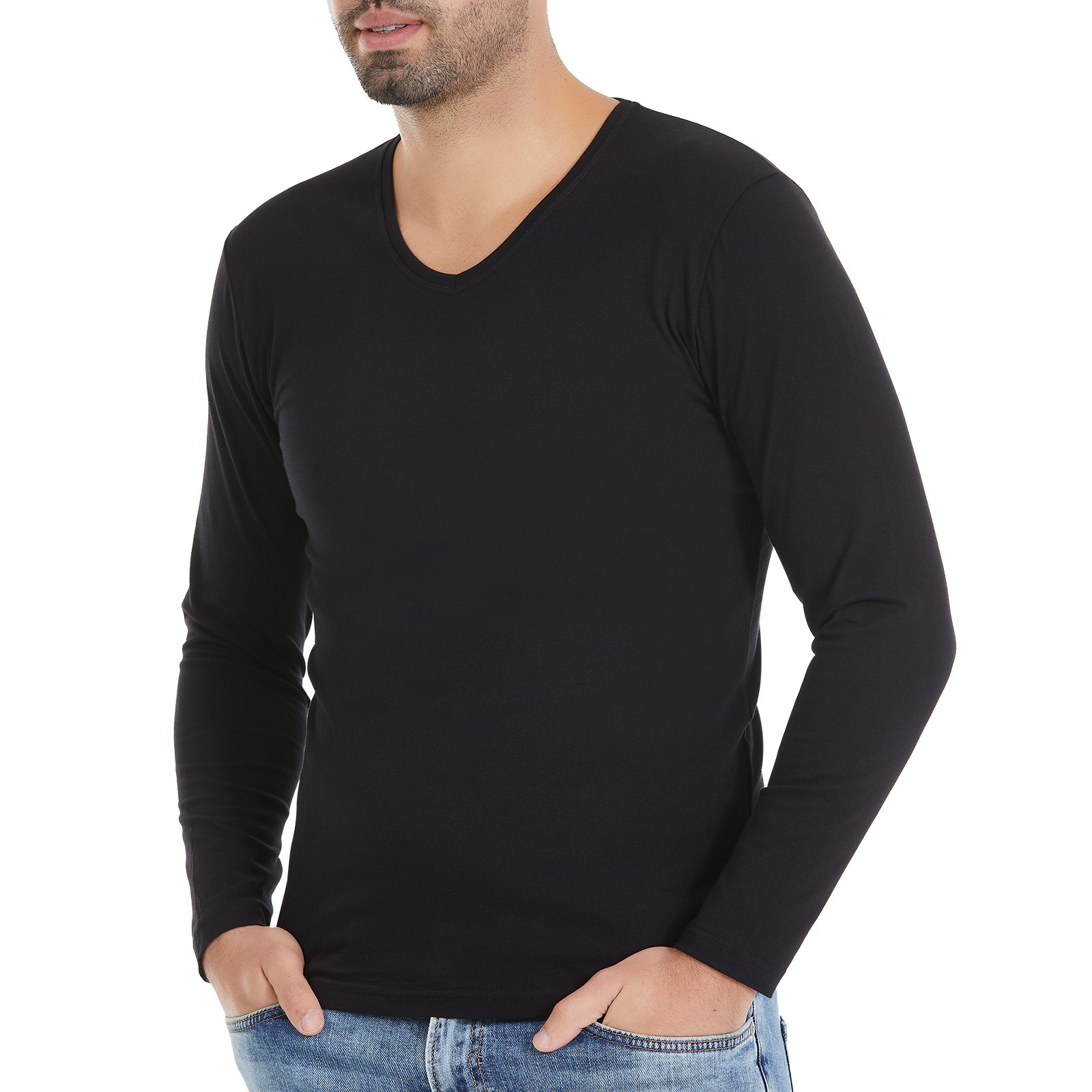 Erkek Siyah V-Yaka Uzun Kollu Modal T-Shirt