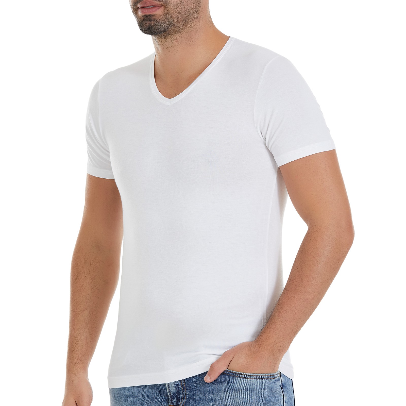 Erkek Beyaz V-Yaka Kısa Kollu Bambu T-Shirt