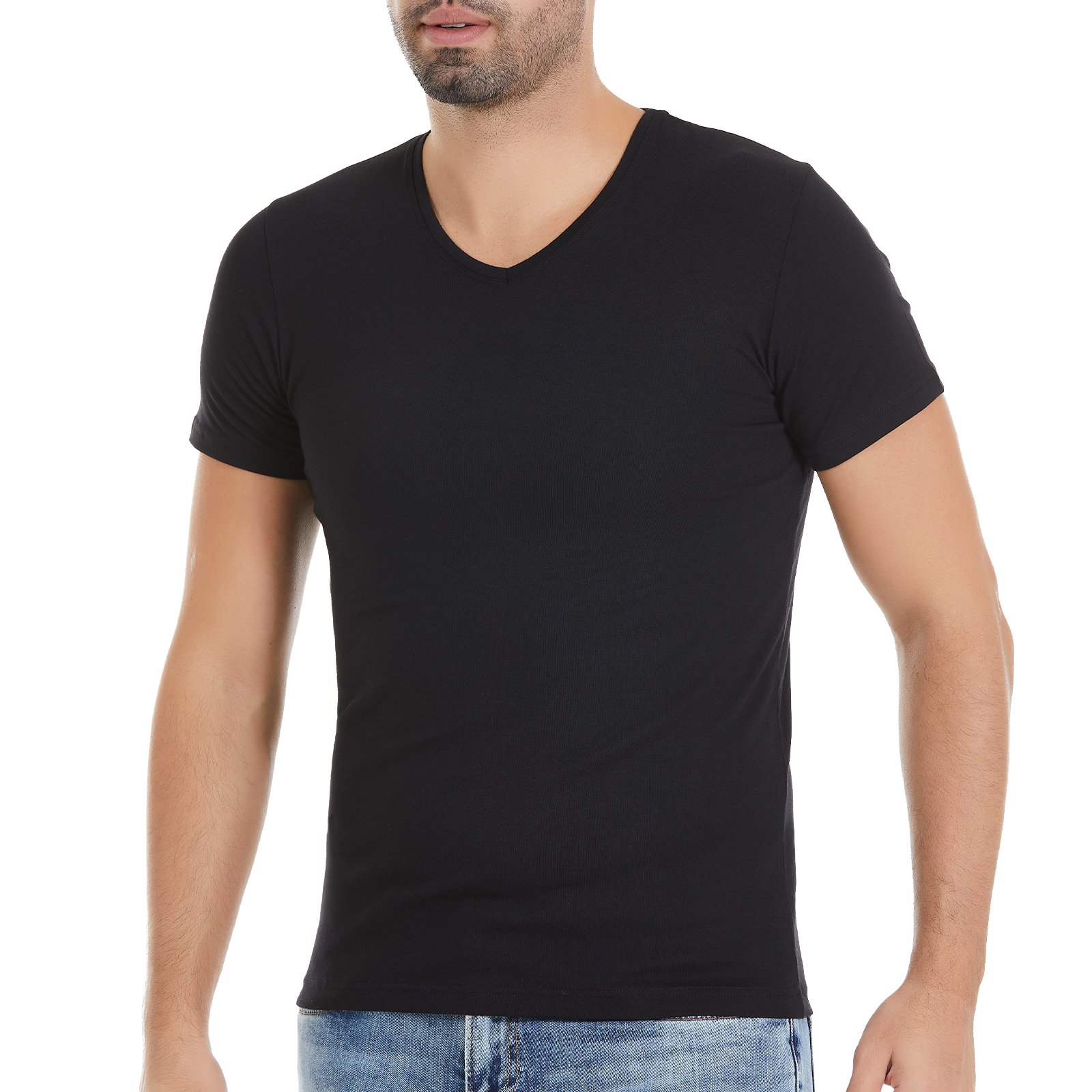 Erkek Siyah V-Yaka Kısa Kollu Modal T-Shirt