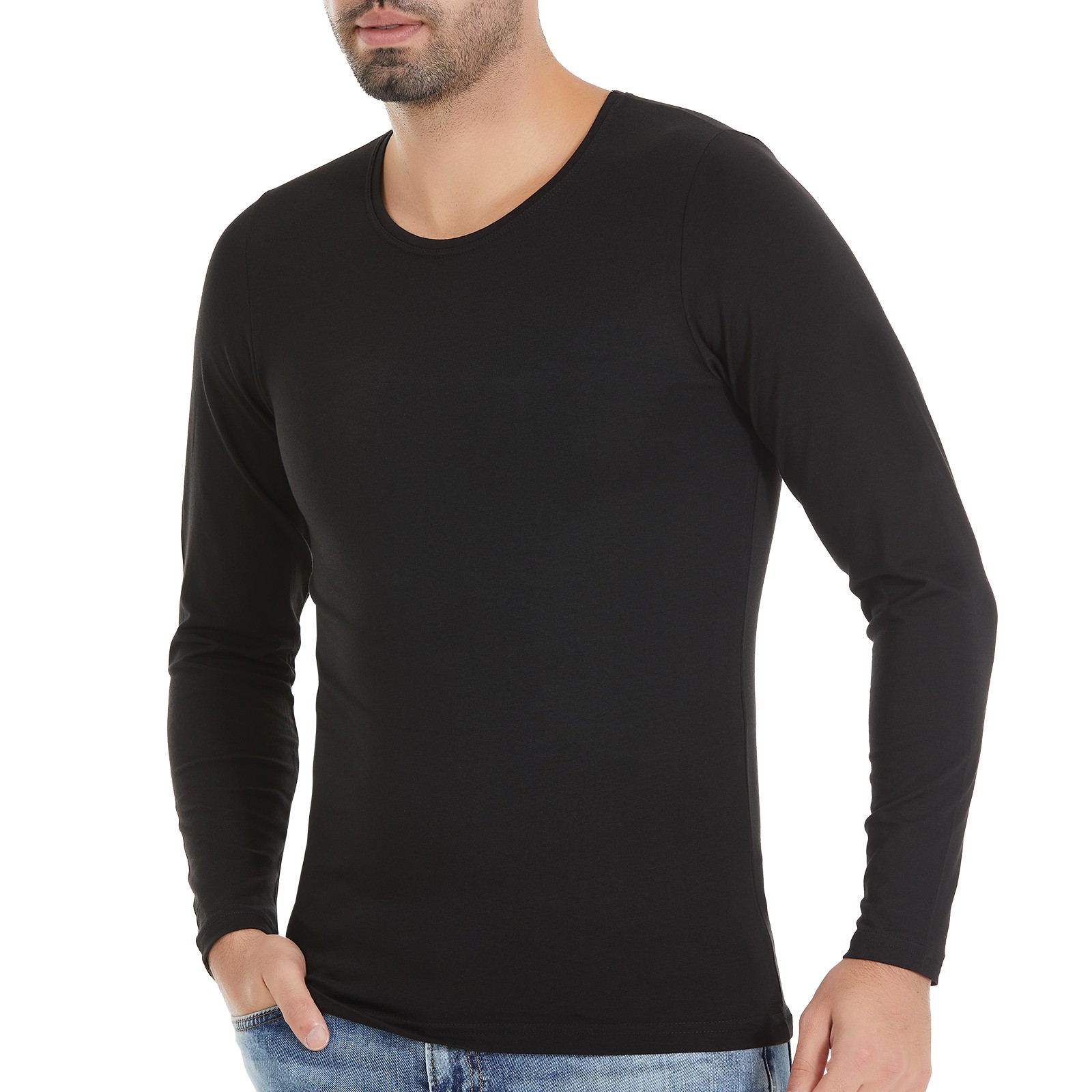 Erkek Siyah O-Yaka Uzun Kollu Modal T-Shirt