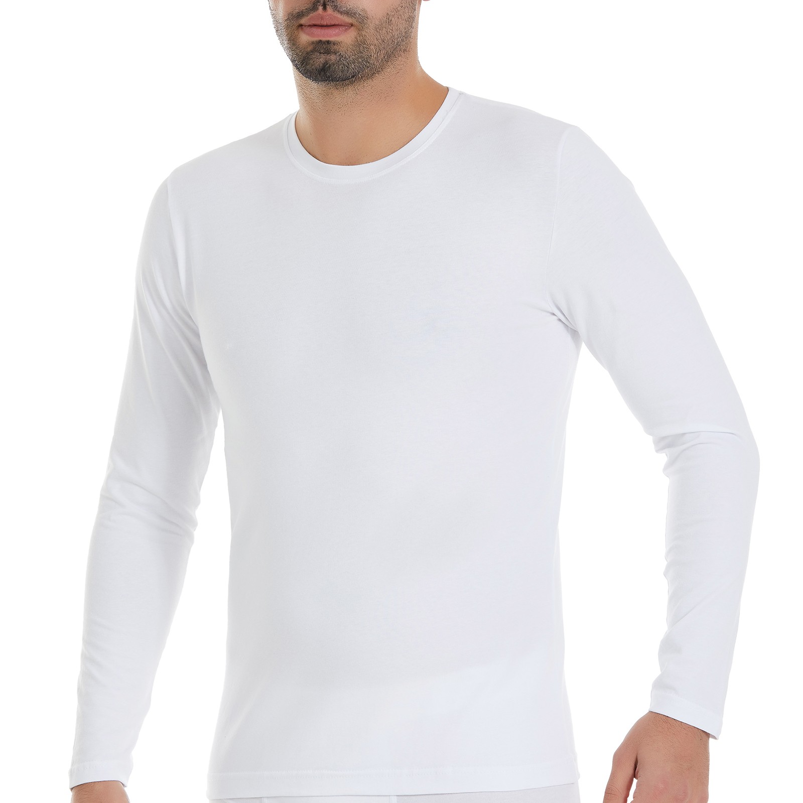 Erkek Beyaz O-Yaka Uzun Kollu Likralı T-Shirt
