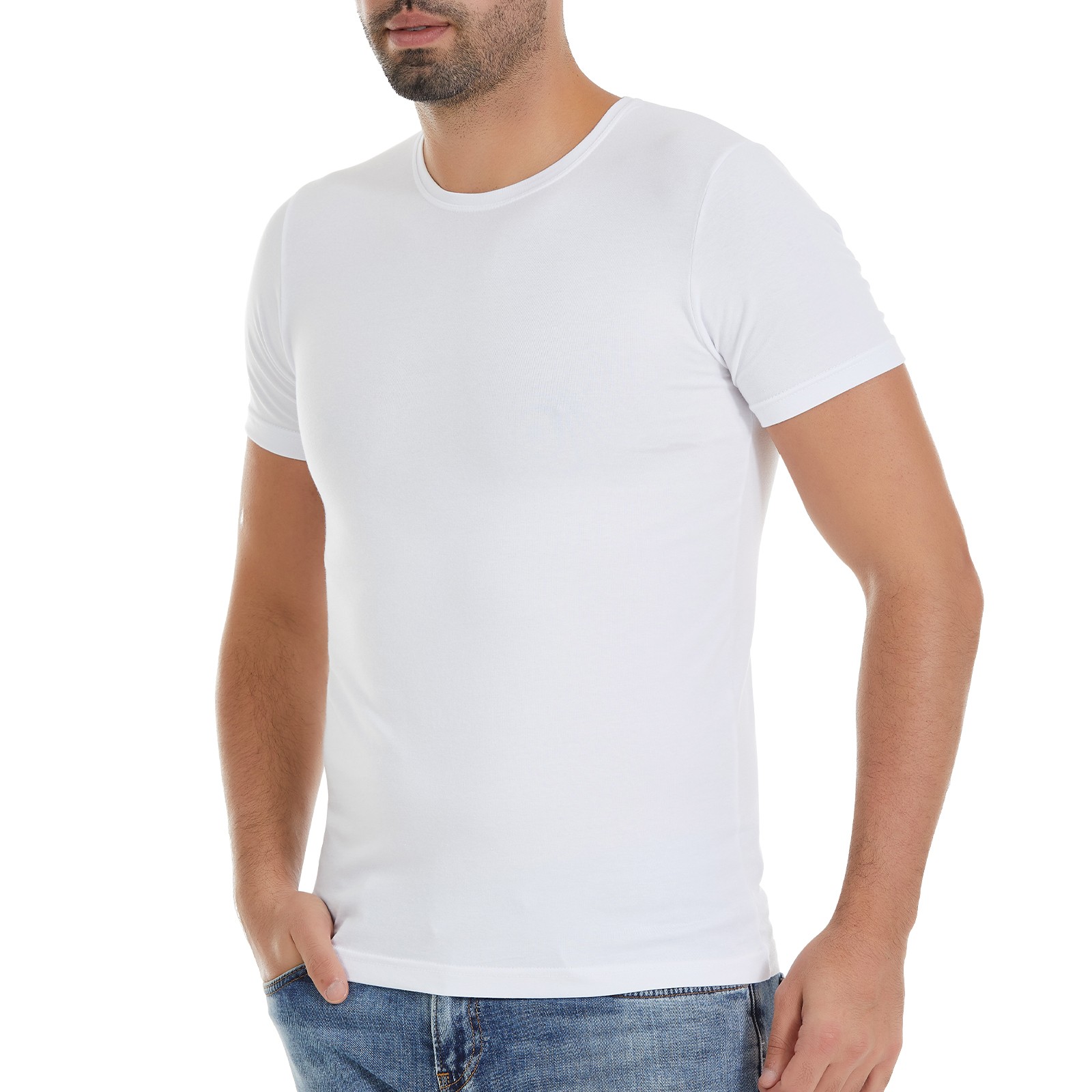 Erkek Beyaz O-Yaka Kısa Kollu Modal T-Shirt