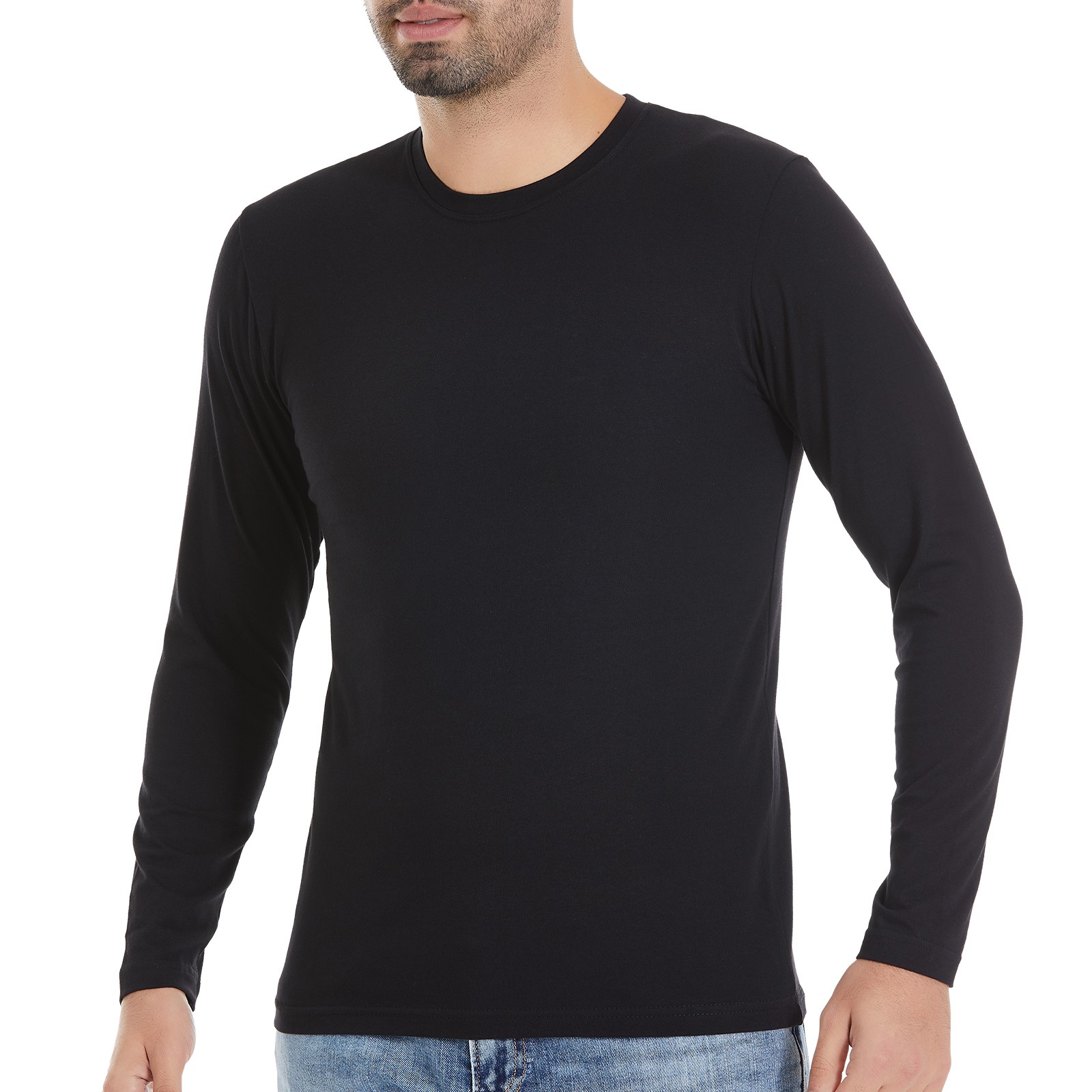 Erkek Siyah O-Yaka Uzun Kollu Likralı T-Shirt