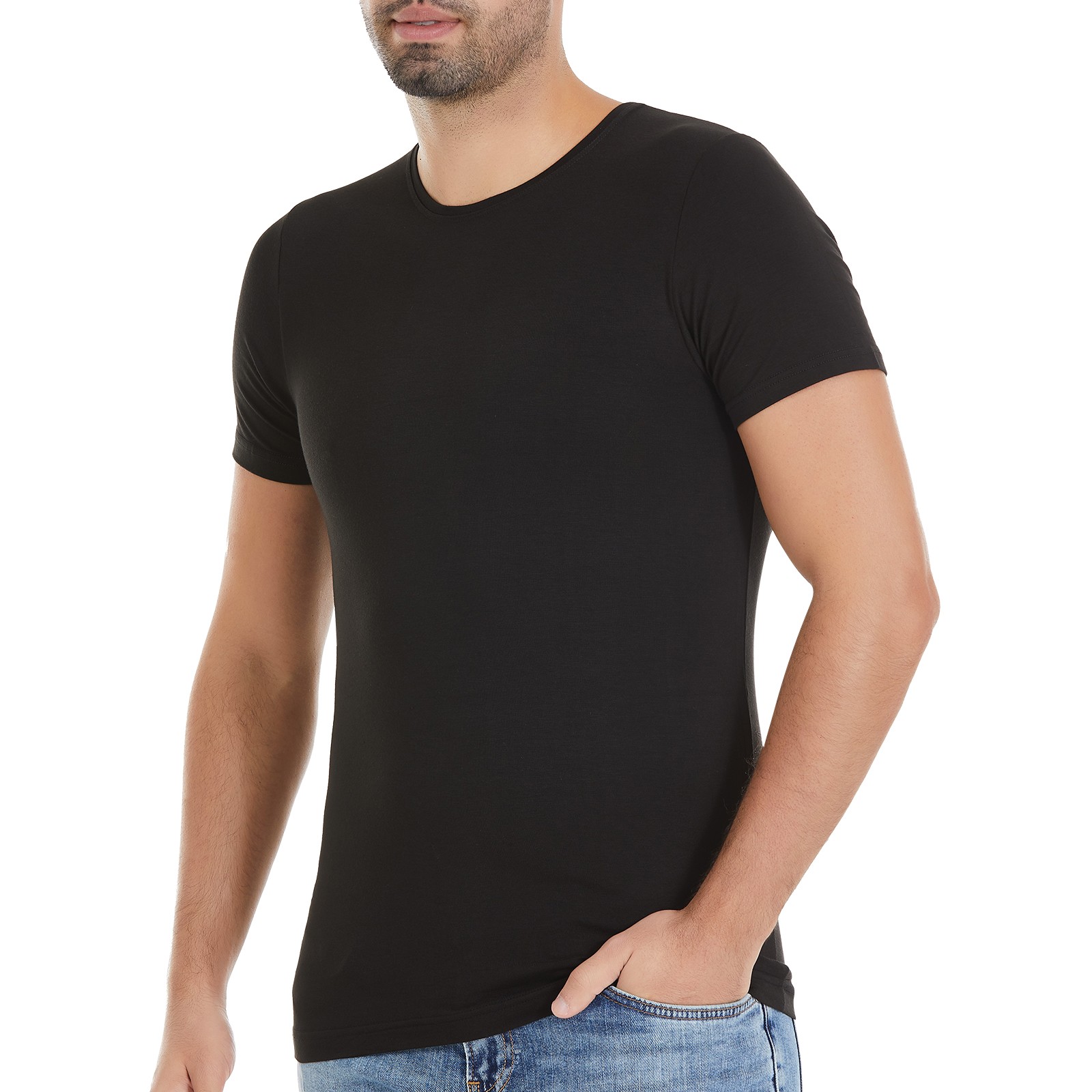 Erkek Siyah O-Yaka Kısa Kollu Bambu T-Shirt