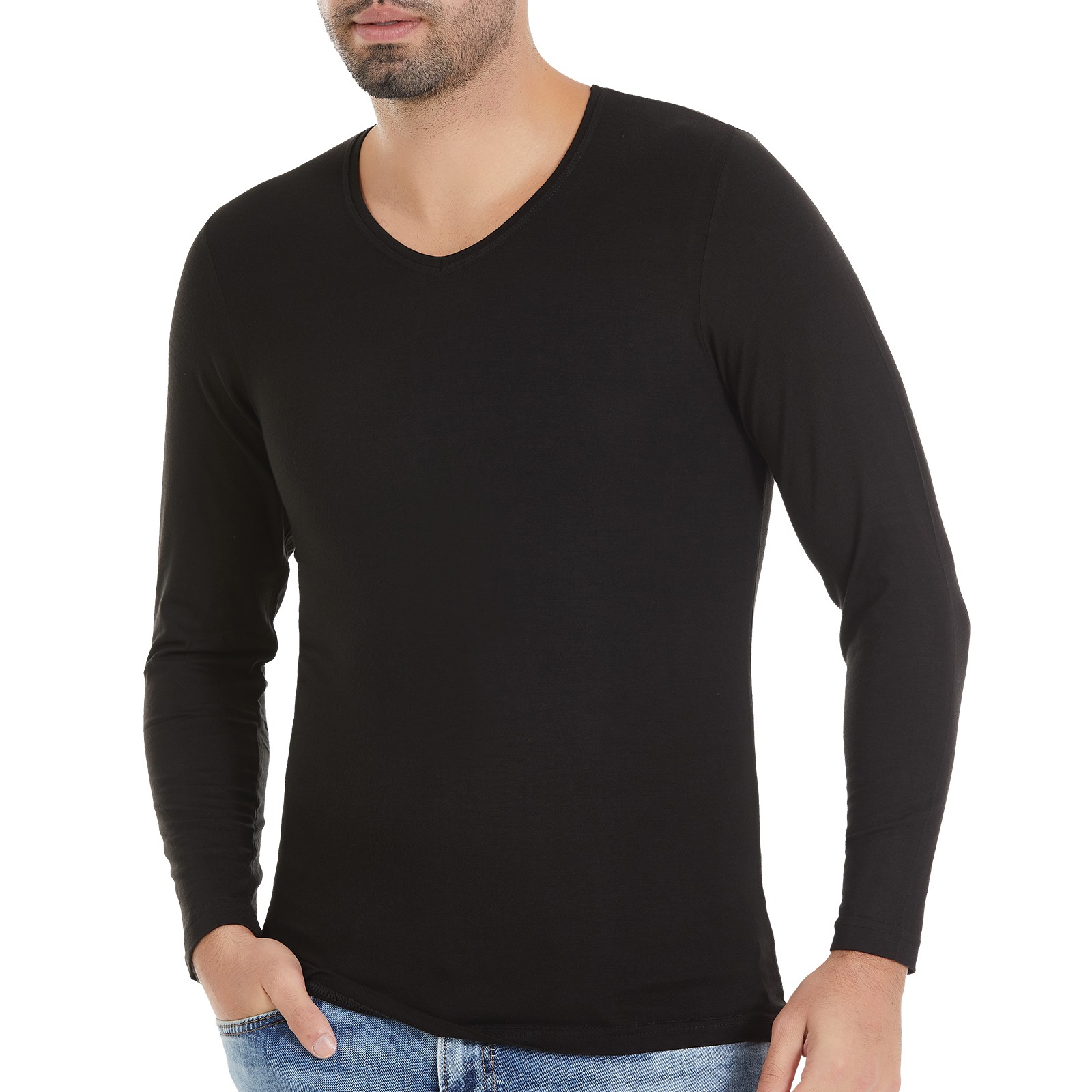 Erkek Siyah V-Yaka Uzun Kollu Bambu T-Shirt