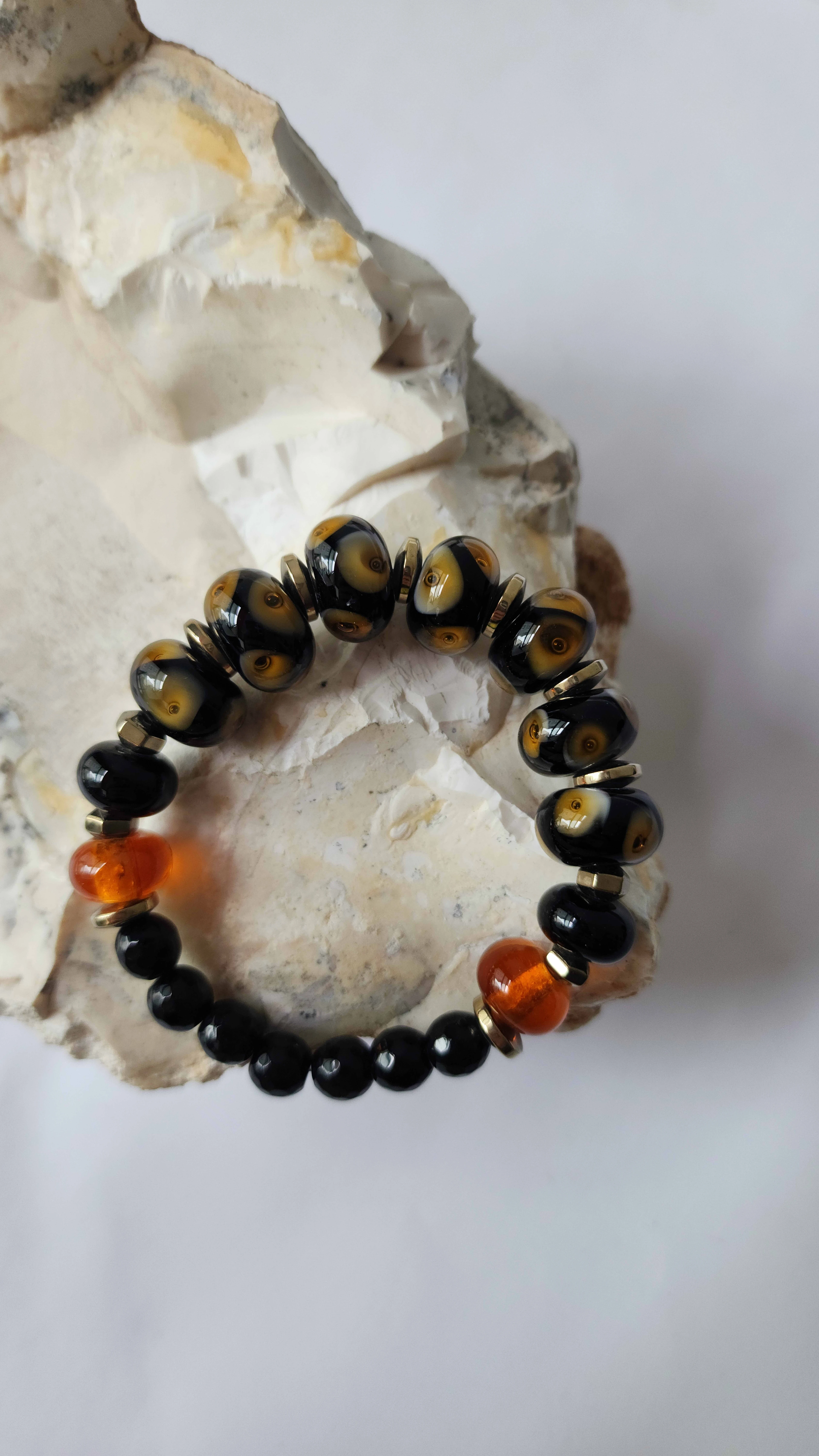 Oniks Doğaltaşı ve Cam Boncuk Bileklik Siyah