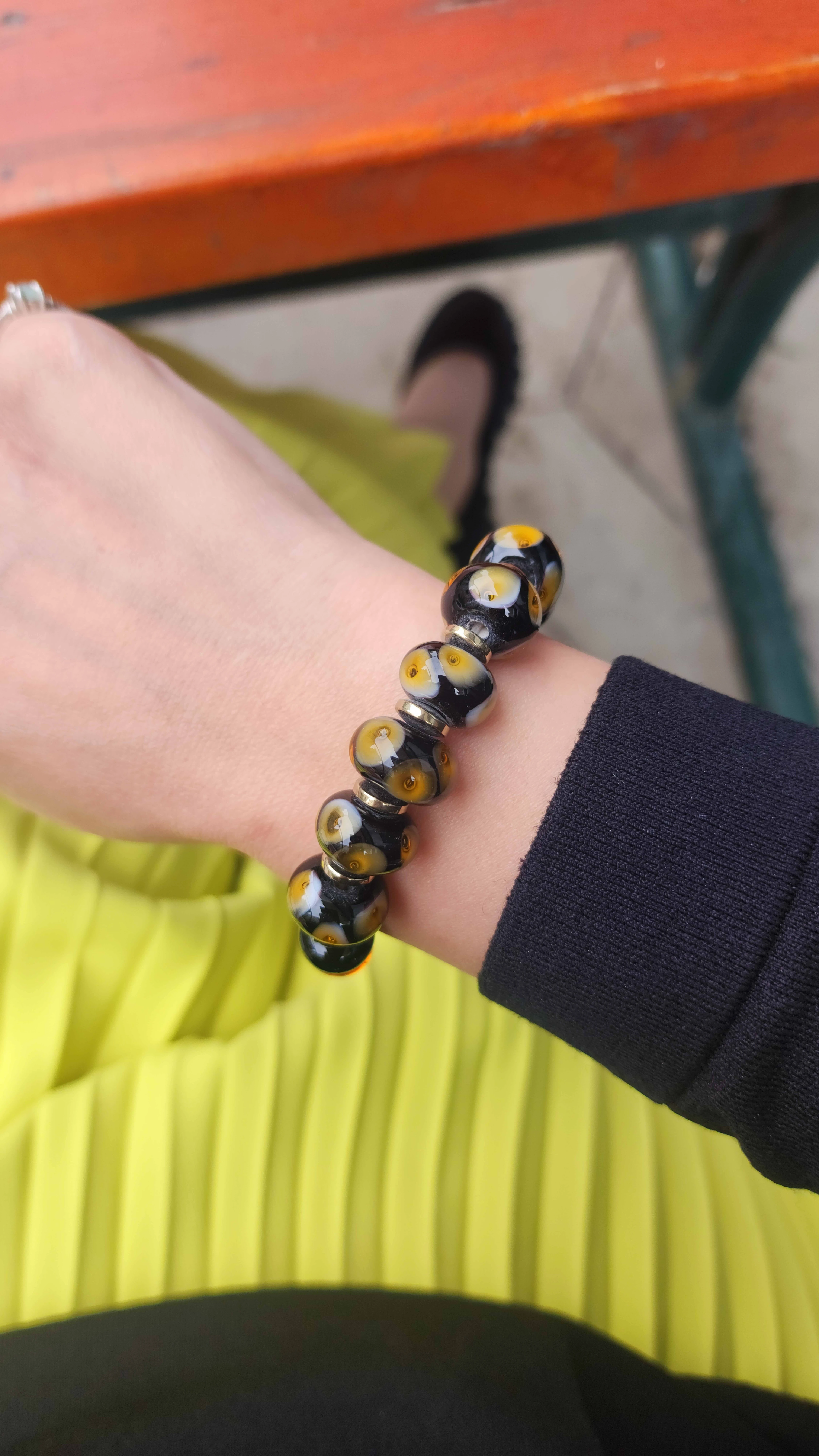 Oniks Doğaltaşı ve Cam Boncuk Bileklik Siyah