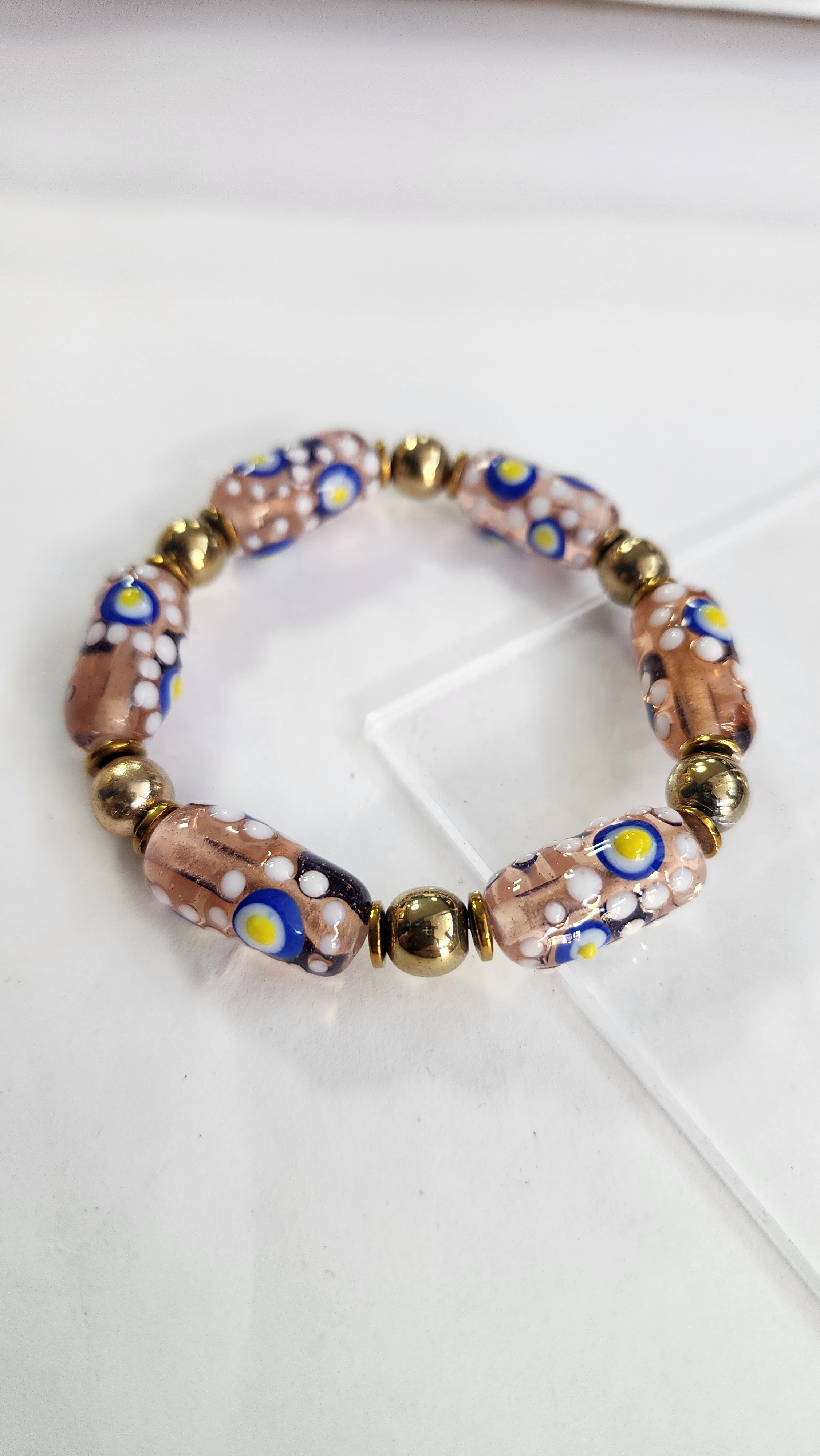 Etnik Desen Toz Pembe Cam Bileklik